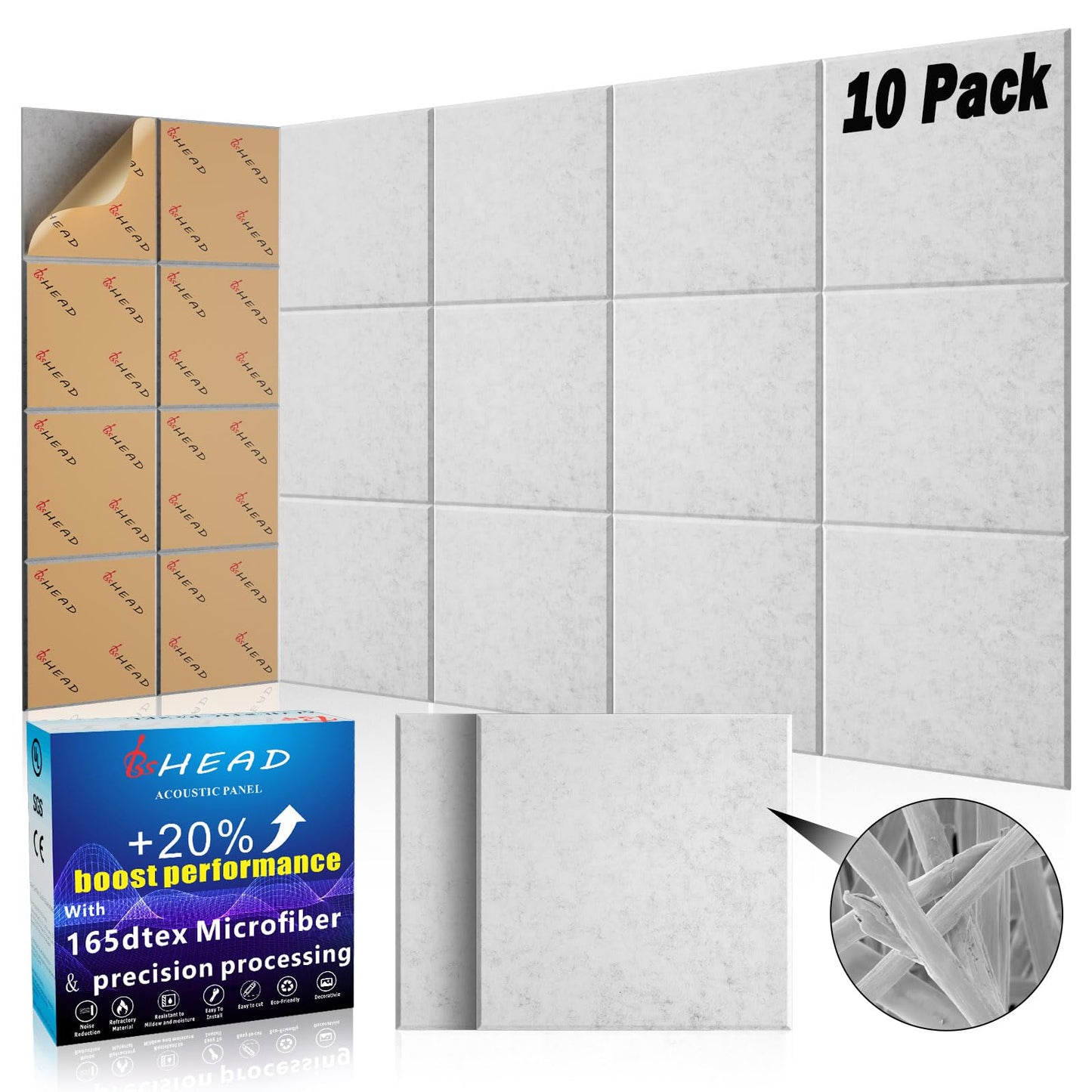 BSHEAD 10 pcs 165dtex Microfiber Acoustic Panels ,Self-Adhesive Soundproof Wall Panels, 12 x 12 x 0.4 in Sound Proof Foam Panels