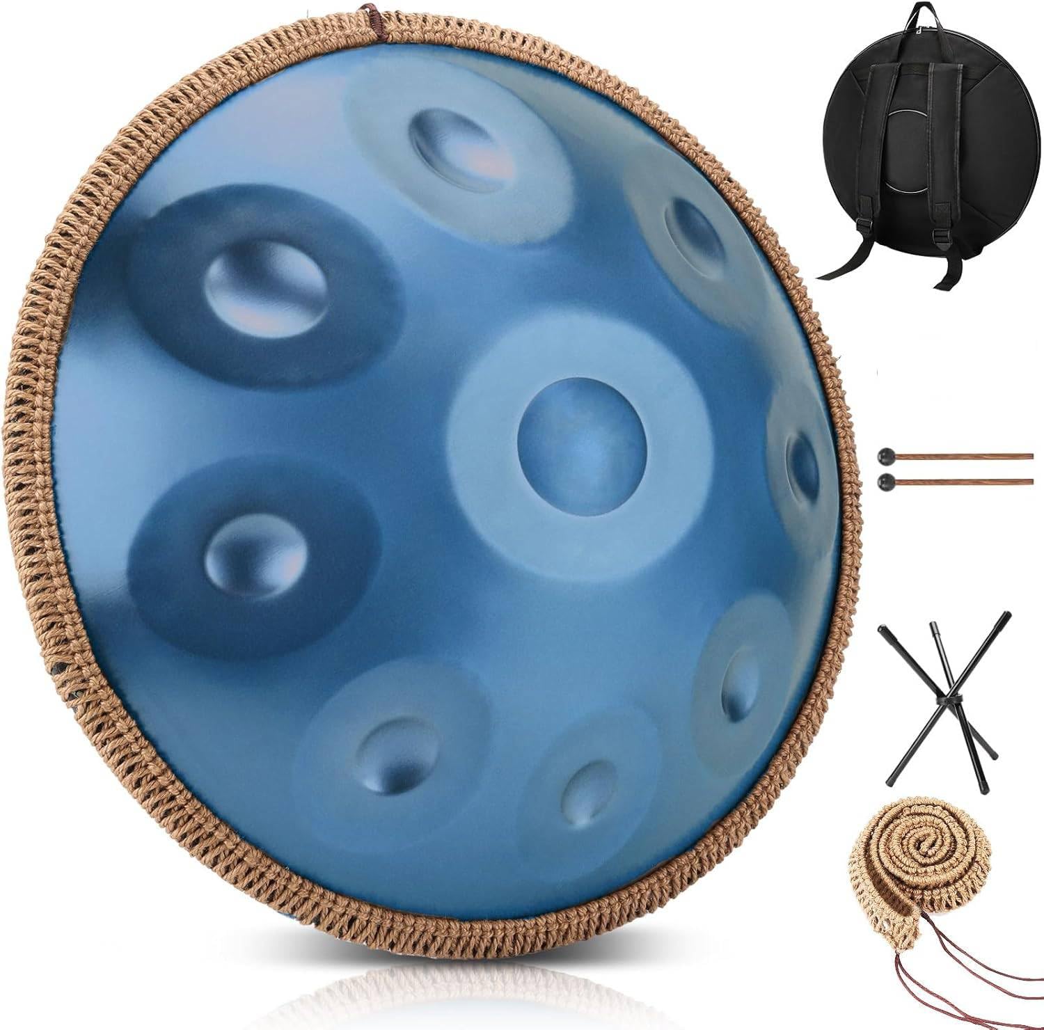 Handpan 22 Inches Drum Set, 440Hz 10 Notes Hand Drum Instrument, Premium Steel Hand Drum, Includes Carrying Case, Drumsticks, Sp
