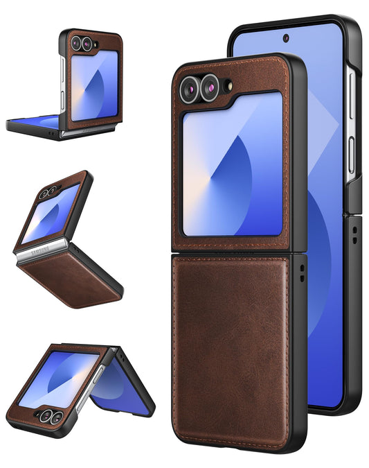 Foluu for Samsung Galaxy Z Flip 6 5G Case, Galaxy Z Flip 6 Leather Case, PU Leather + Hard PC Shell Ultra Thin Slim Durable Prot