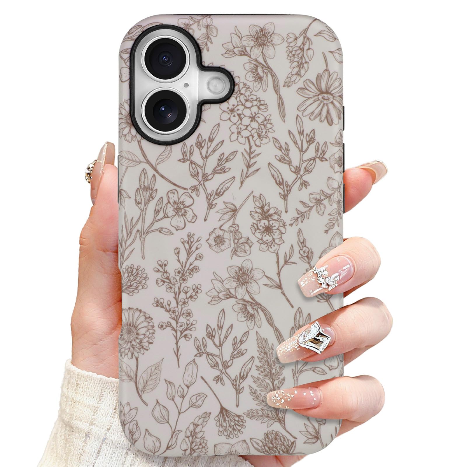 SOKAD Magnetic Sage Floral Phone Case for iPhone 17, Vintage Beige Flower Pattern Compatible with Magsafe Matte Protective Case