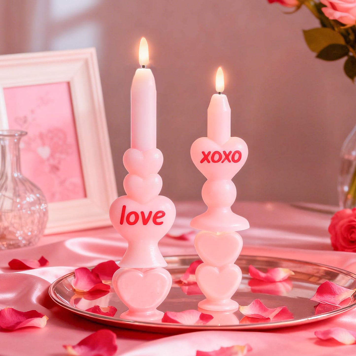 WDS WONDROUS Flameless Heart Candles Set of 2, Pink LED Valentine s Day Candles - Battery Operated Love & XOXO Heart Shaped Can