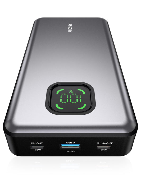 Ansody 65W Power Bank, 25000mAh Laptop Portable Charger, 100W Total Fast Charging Battery Pack for MacBook Dell XPS iPad Tablet