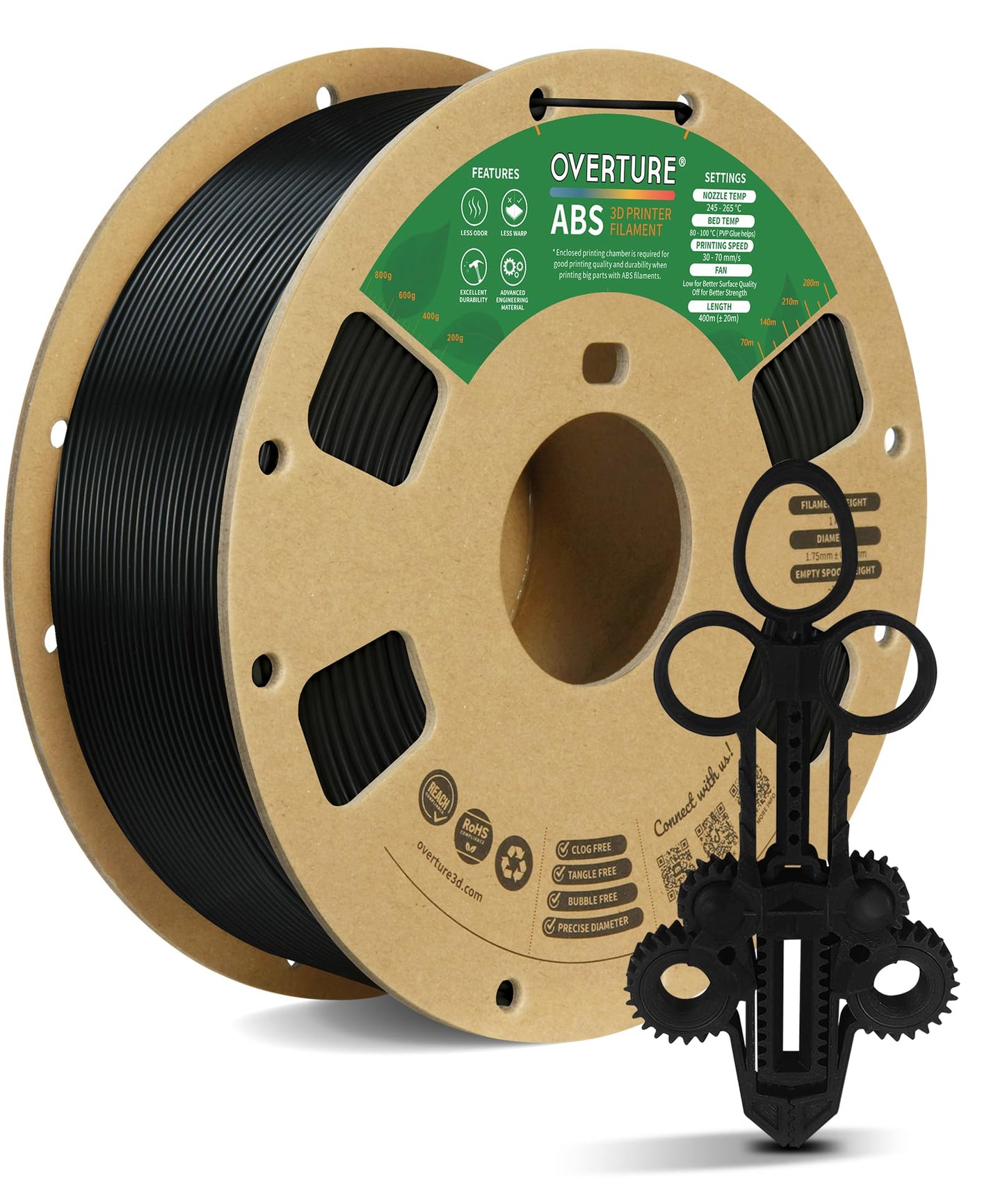 OVERTURE ABS Filament 1.75mm, Spool of 1kg (2.2lbs), Dimensional Accuracy +/- 0.03mm (Black)