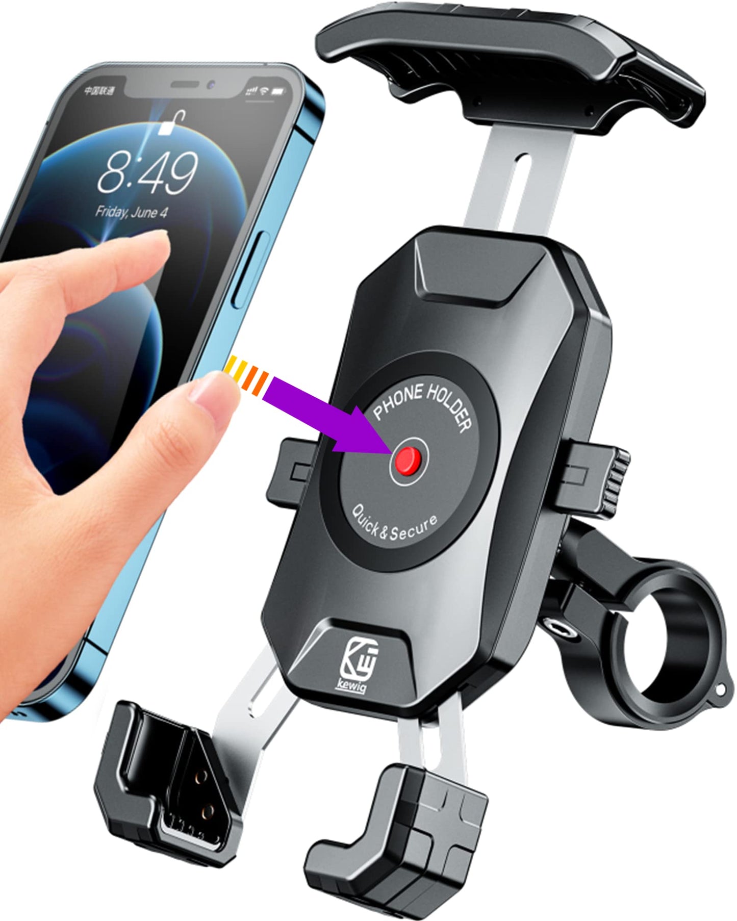 BRCOVAN Motorcycle Bike Phone Mount with Solid Aluminum Alloy Mounting Base, [1s Lock] Handlebar Cell Phone Holder for Bicycle A