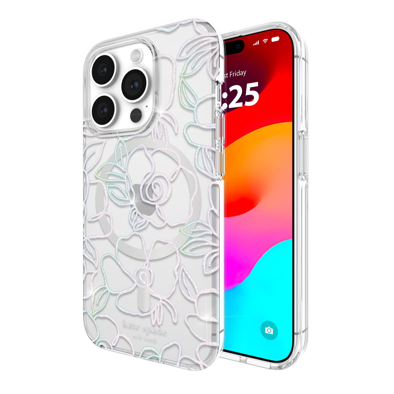 Kate Spade New York iPhone 15 Pro Case, Compatible with MagSafe - Modern Floral Silver
