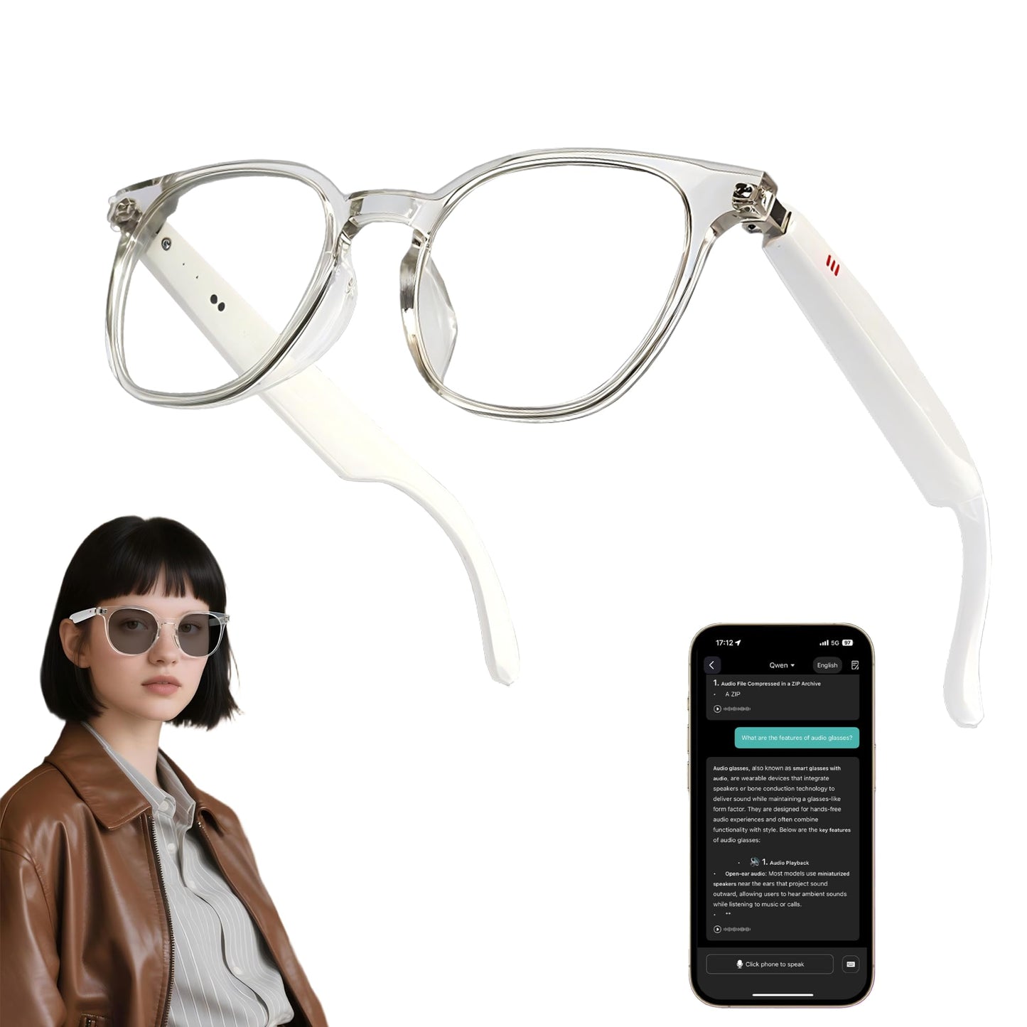 MNVOEQ AI Smart Wireless Bluetooth Translation Glasses for Men/Women with Speakers/Bluetooth&140+ Languages Translation Sports/T
