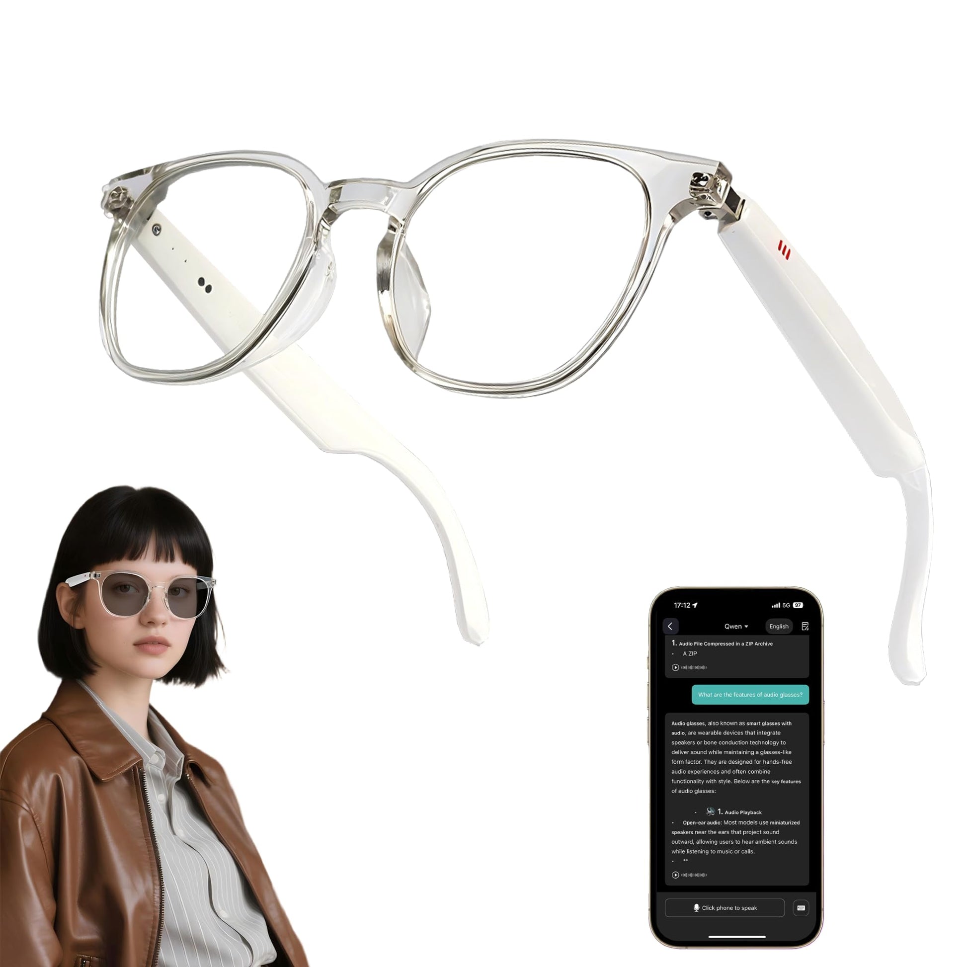 MNVOEQ AI Smart Wireless Bluetooth Translation Glasses for Men/Women with Speakers/Bluetooth&140+ Languages Translation Sports/T