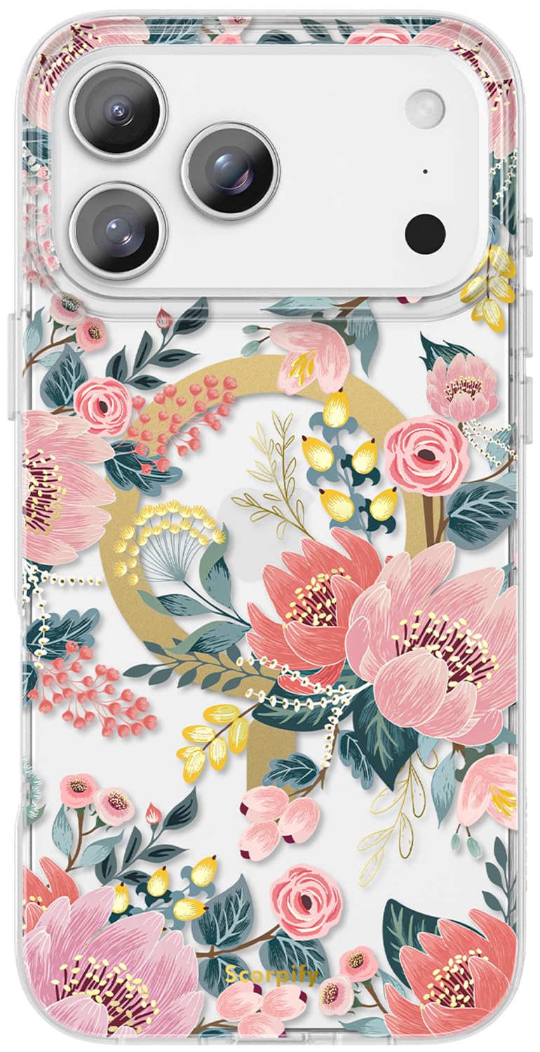 SCORPIFY for iPhone 17 Pro Case [Compatible with MagSafe] with Pink Epiphyllum Floral Design, Cute Clear Flower Magnetic Phone C