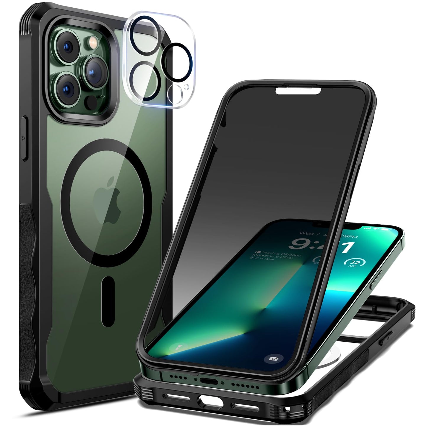 seacosmo for iPhone 13 Pro Max Case, Full Body Bumper with Built-in 9H Tempered Glass Privacy Screen Protector and Camera Lens P