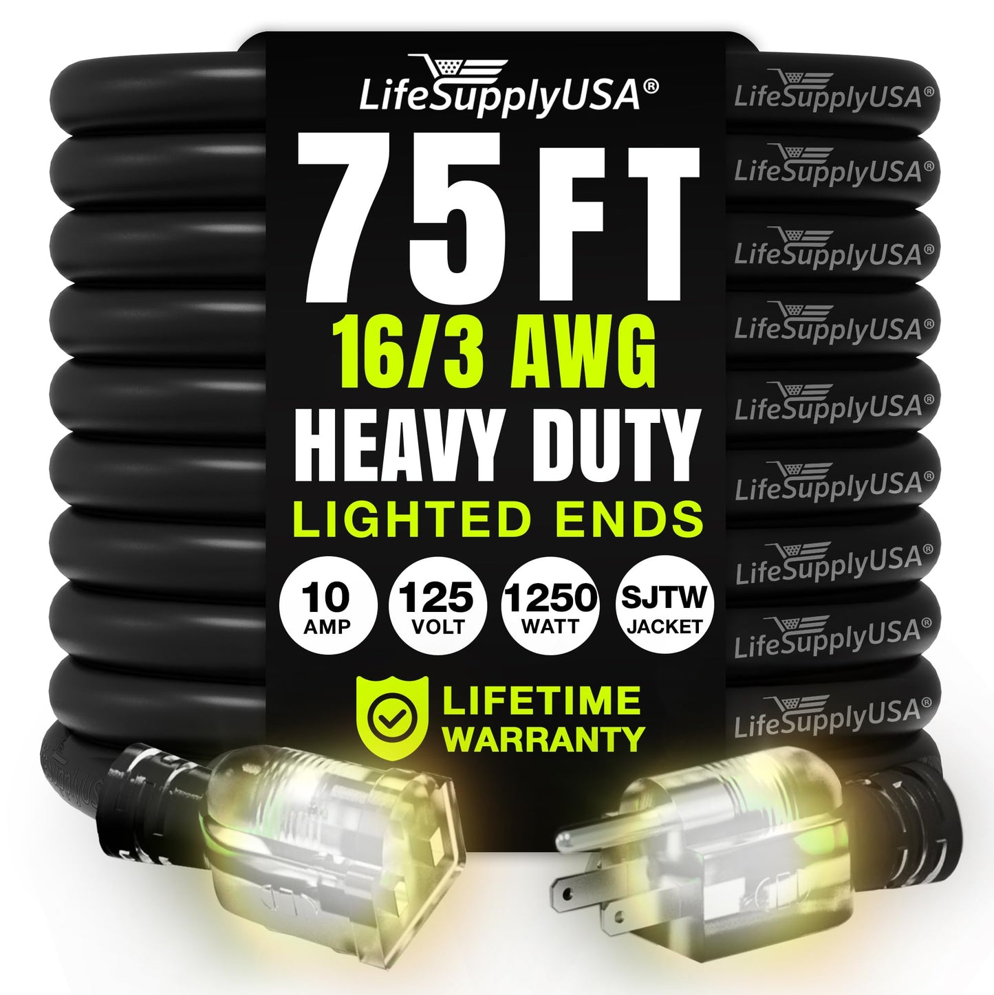 75ft Outdoor/Indoor Extension Cord 16/3 Gauge Heavy Duty 3 Prong SJTW, Waterproof, Flexible Cold-Resistant Long Power Cord,10A 1