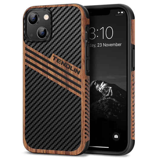 TENDLIN Compatible with iPhone 14 Case Wood Grain with Carbon Fiber Texture Design Leather Hybrid Slim Case (Three Stripe)