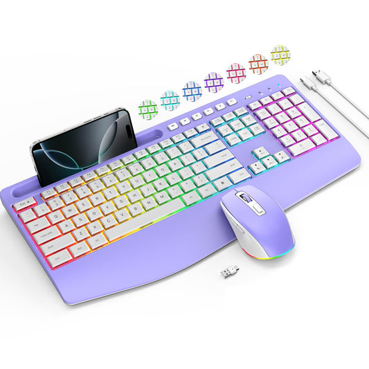 Wireless Keyboard and Mouse Combo- VEILZOR 2.4G Rechargeable Keyboard with Phone Holder, Ergonomic Wrist Rest, 9 RGB Backlit Eff