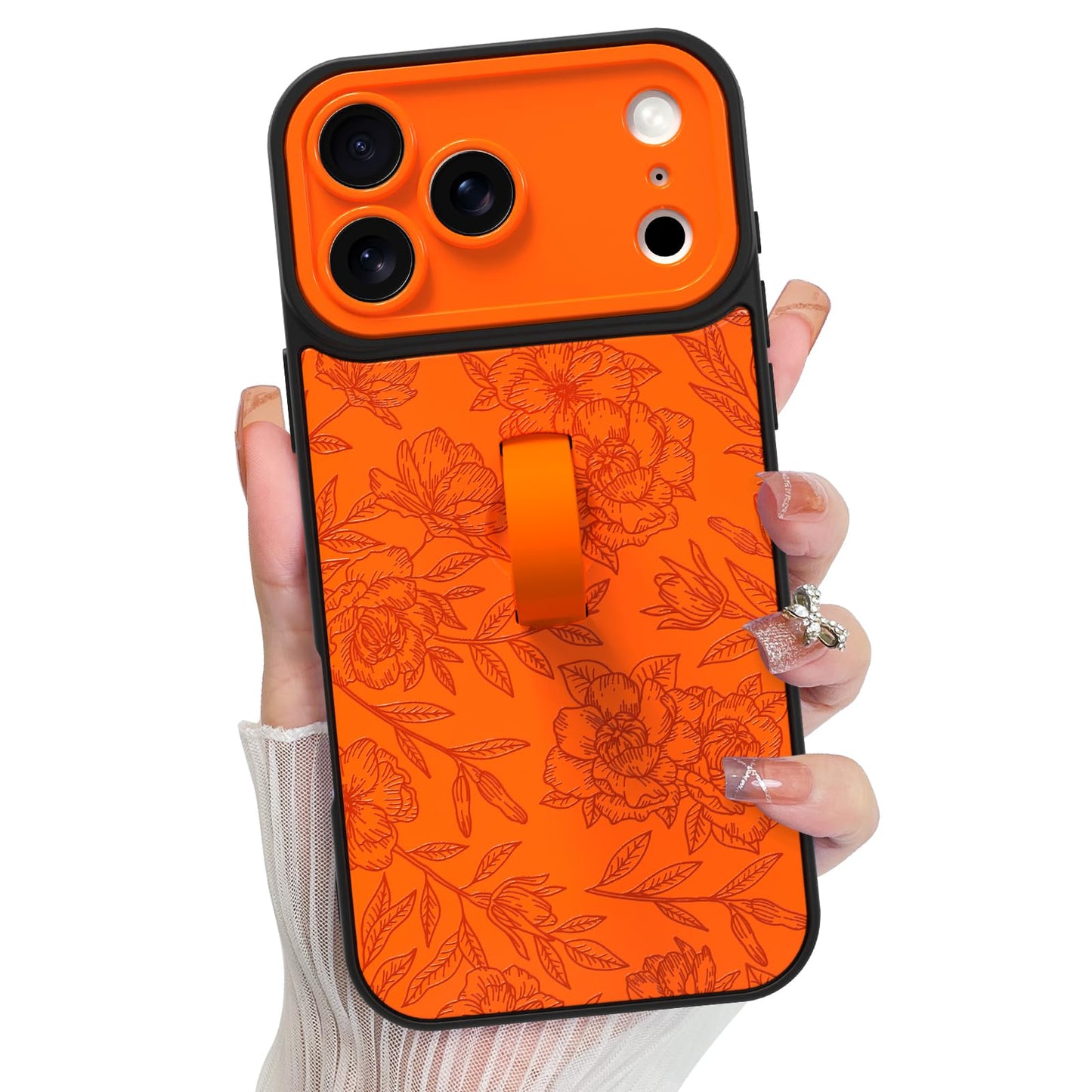 KANGHAR Compatible with iPhone 17 Pro Max Case, Silicone Rose Flower Cute Pattern, Wristband Kickstand Camera Protection Soft Sl