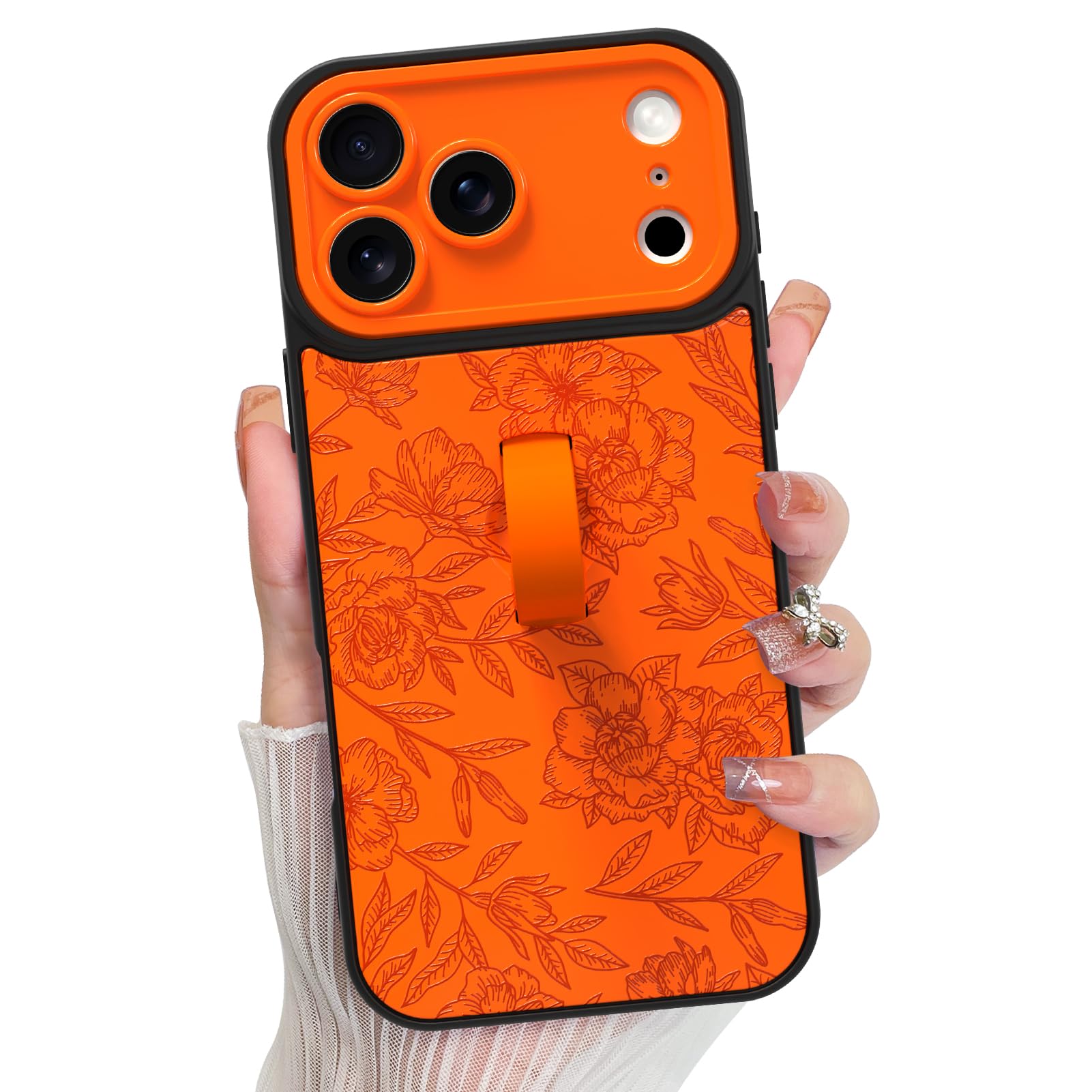 KANGHAR Compatible with iPhone 17 Pro Max Case, Silicone Rose Flower Cute Pattern, Wristband Kickstand Camera Protection Soft Sl