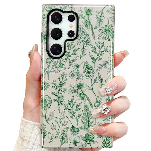 SOKAD Magnetic Sage Floral Phone Case for Samsung Galaxy S25 Ultra, Vintage Green Flower Pattern Compatible with Magsafe Glossy