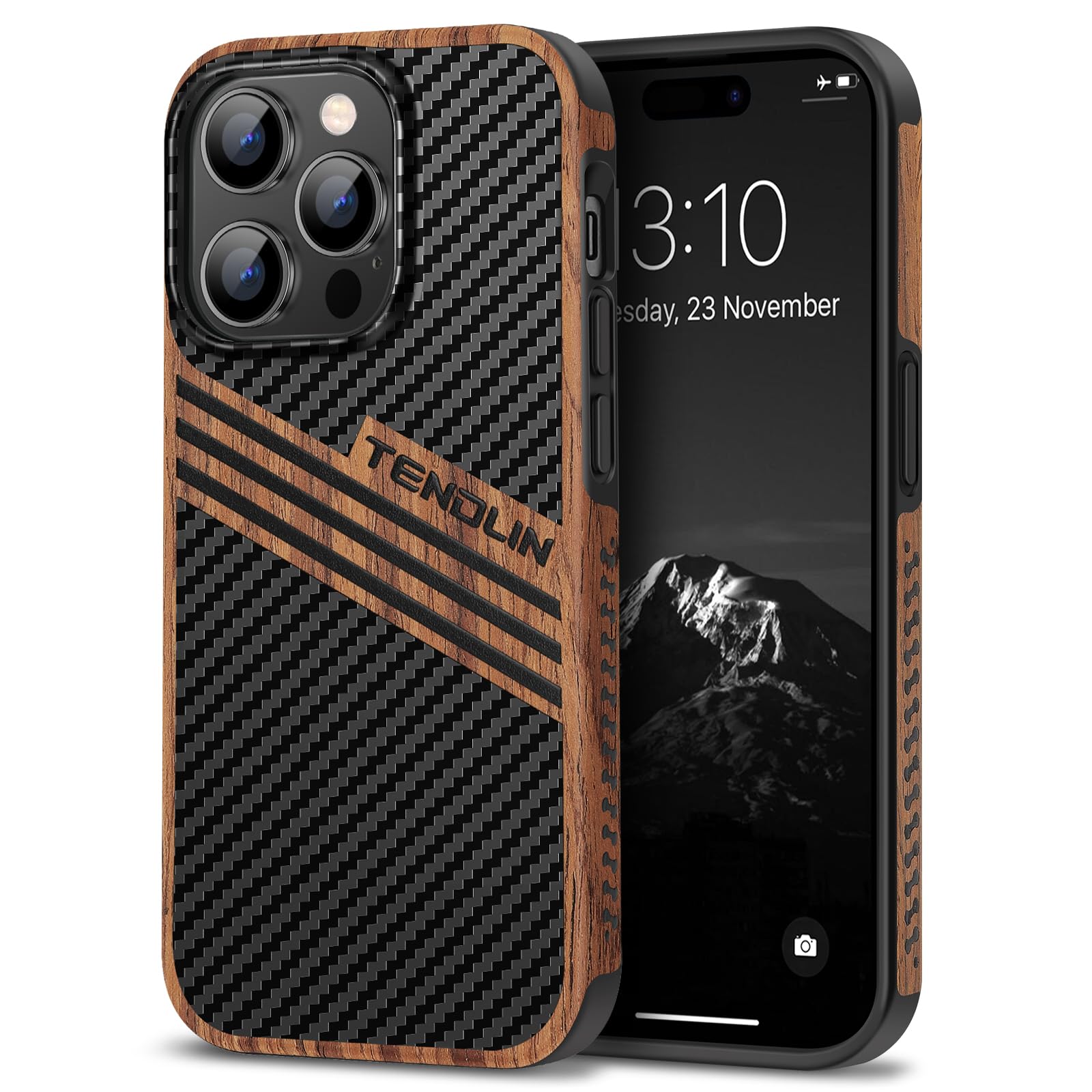 TENDLIN Compatible with iPhone 14 Pro Max Case Wood Grain with Carbon Fiber Texture Design Leather Hybrid Slim Case (Three Strip
