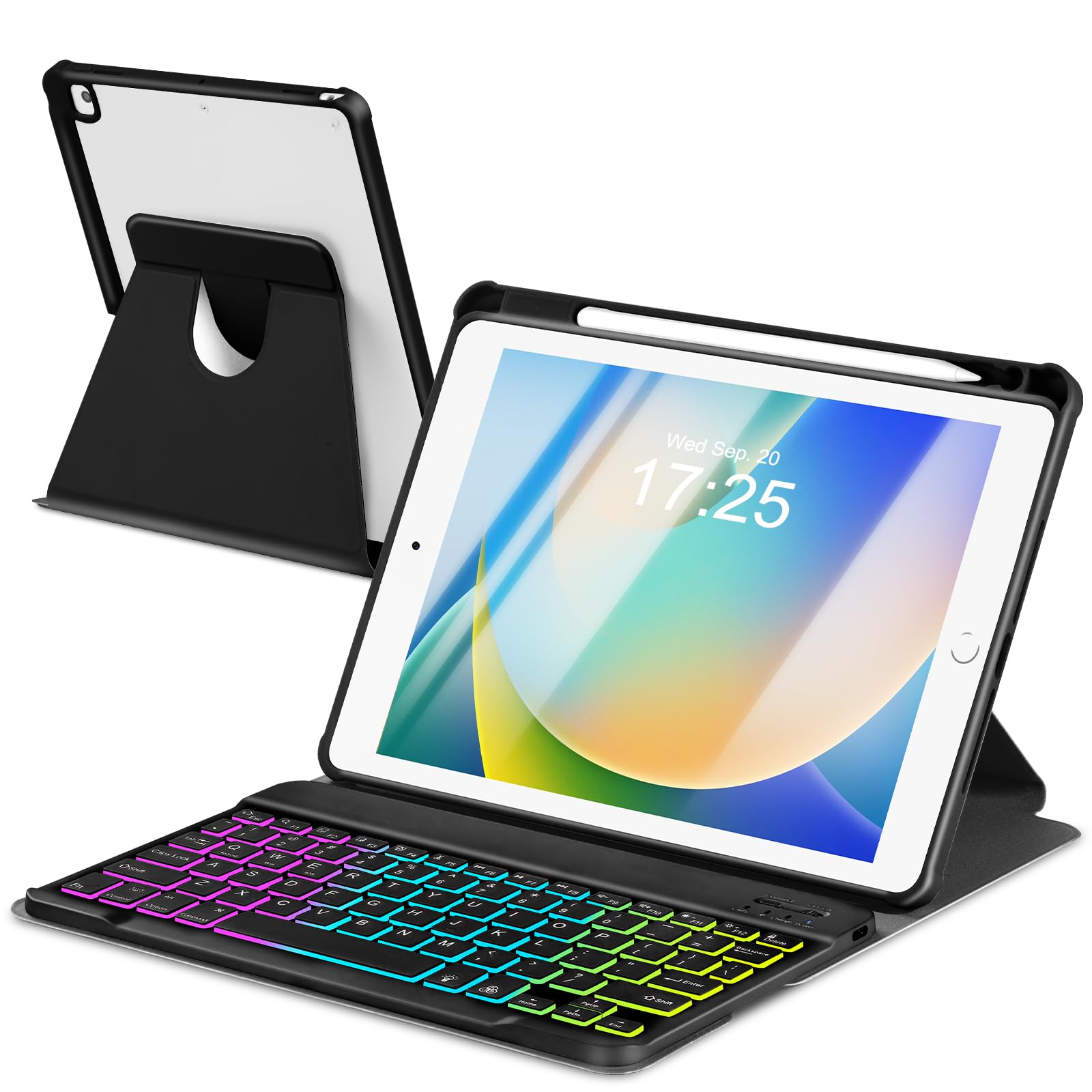 EAMPANG Case with Keyboard for iPad 9th 8th 7th Generation 10.2 inch,7 Rainbow Backlit Detachable Wireless Keyboard Rotatable Ma