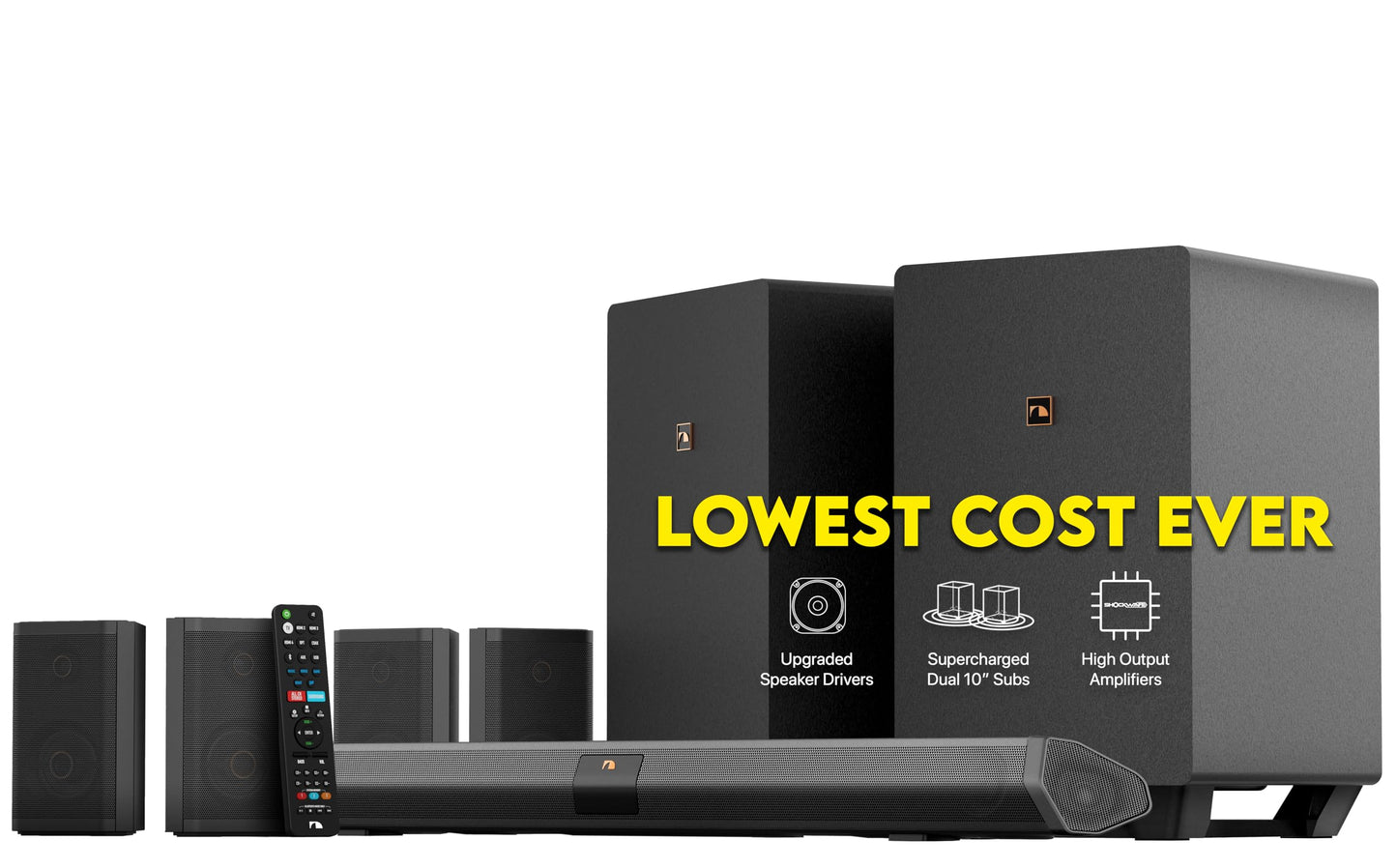 Nakamichi Shockwafe Ultra 9.2.4 Channel Soundbar with Dual 10" Subwoofers, 4 Surround Speakers, eARC, Black