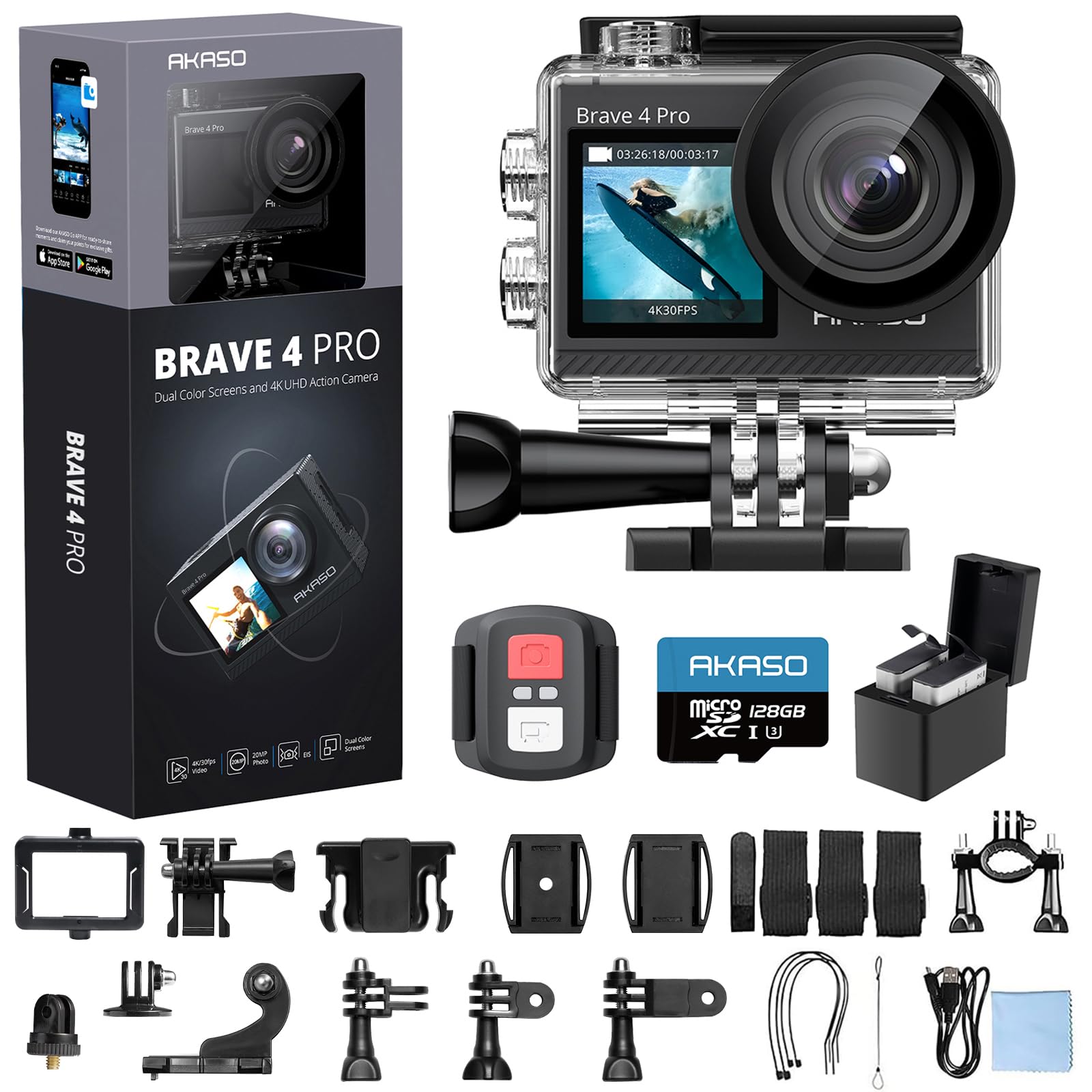 AKASO Brave 4 Pro 4K30 Action Camera with 128GB MicroSD U3 Card, 131FT Underwater Waterproof Camera EIS Touch Screen Remote Cont