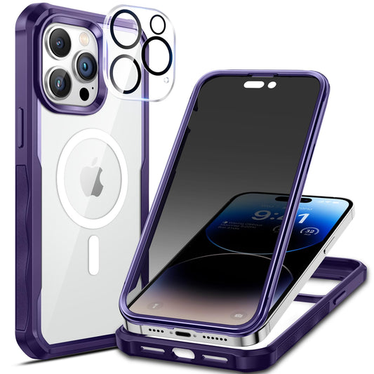 seacosmo for iPhone 14 Pro Case, Full Body Bumper with Built-in 9H Tempered Glass Privacy Screen Protector and Camera Lens Prote