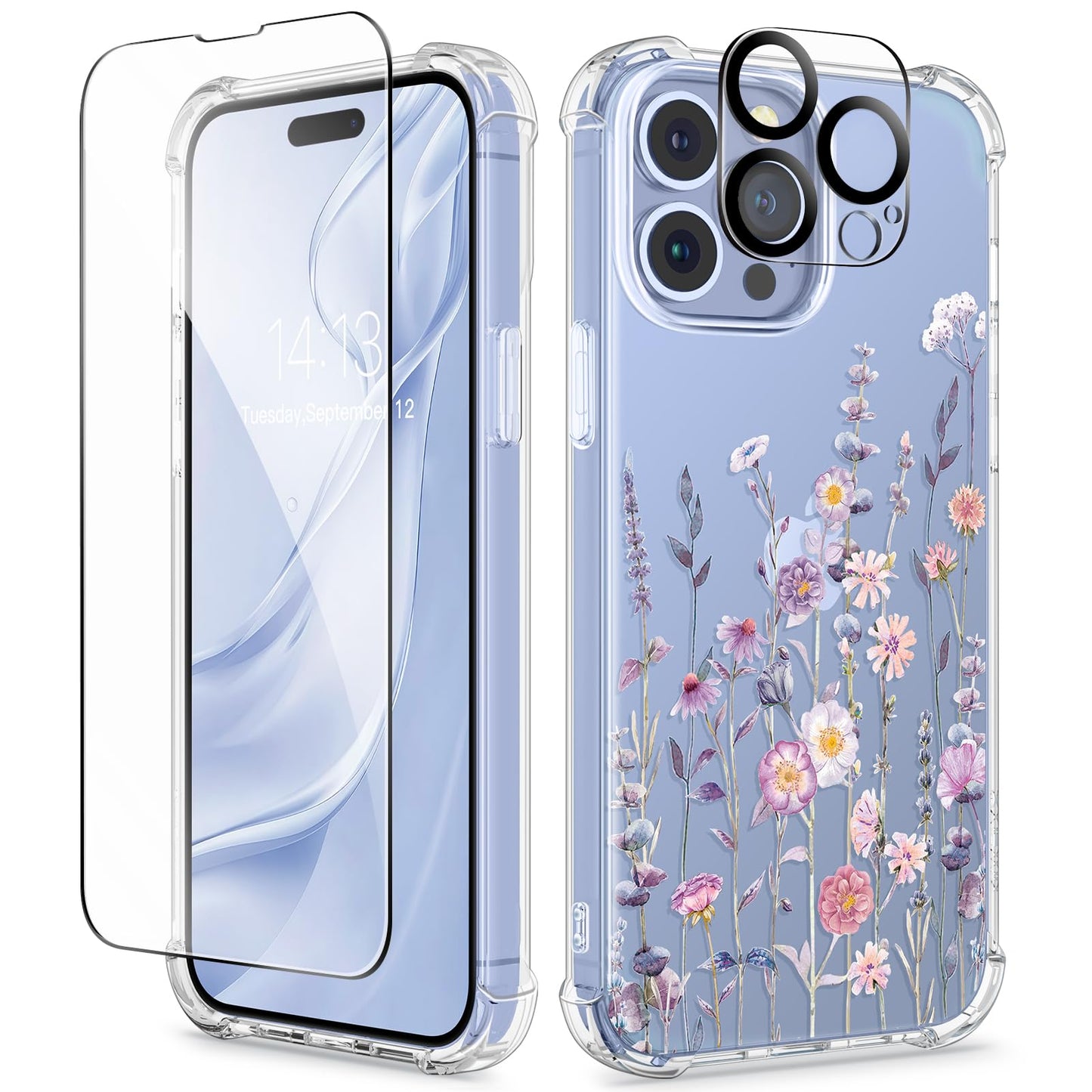 GVIEWIN for iPhone 13 Pro Case Floral, with Screen Protector&Camera Lens Protector,[Non Yellowing] Soft Shockproof Clear Phone P