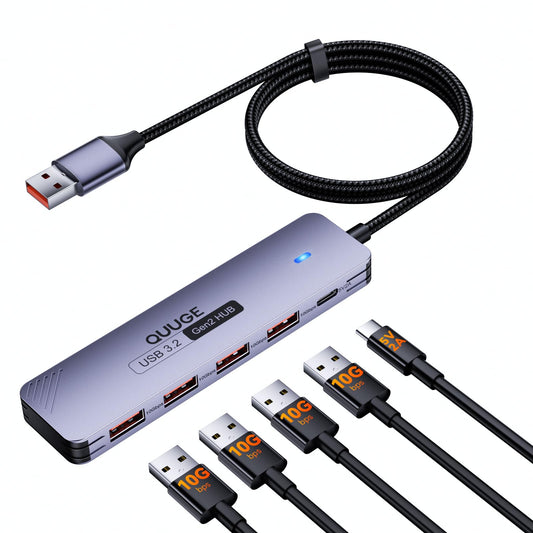 USB 3.2 Gen2 Hub, QUUGE 5-in-1 USB Splitter with 4 USB-A 10Gbps Ports, USB Multiport Adapter with 120cm Nylon Cable, 5V 2A Type-