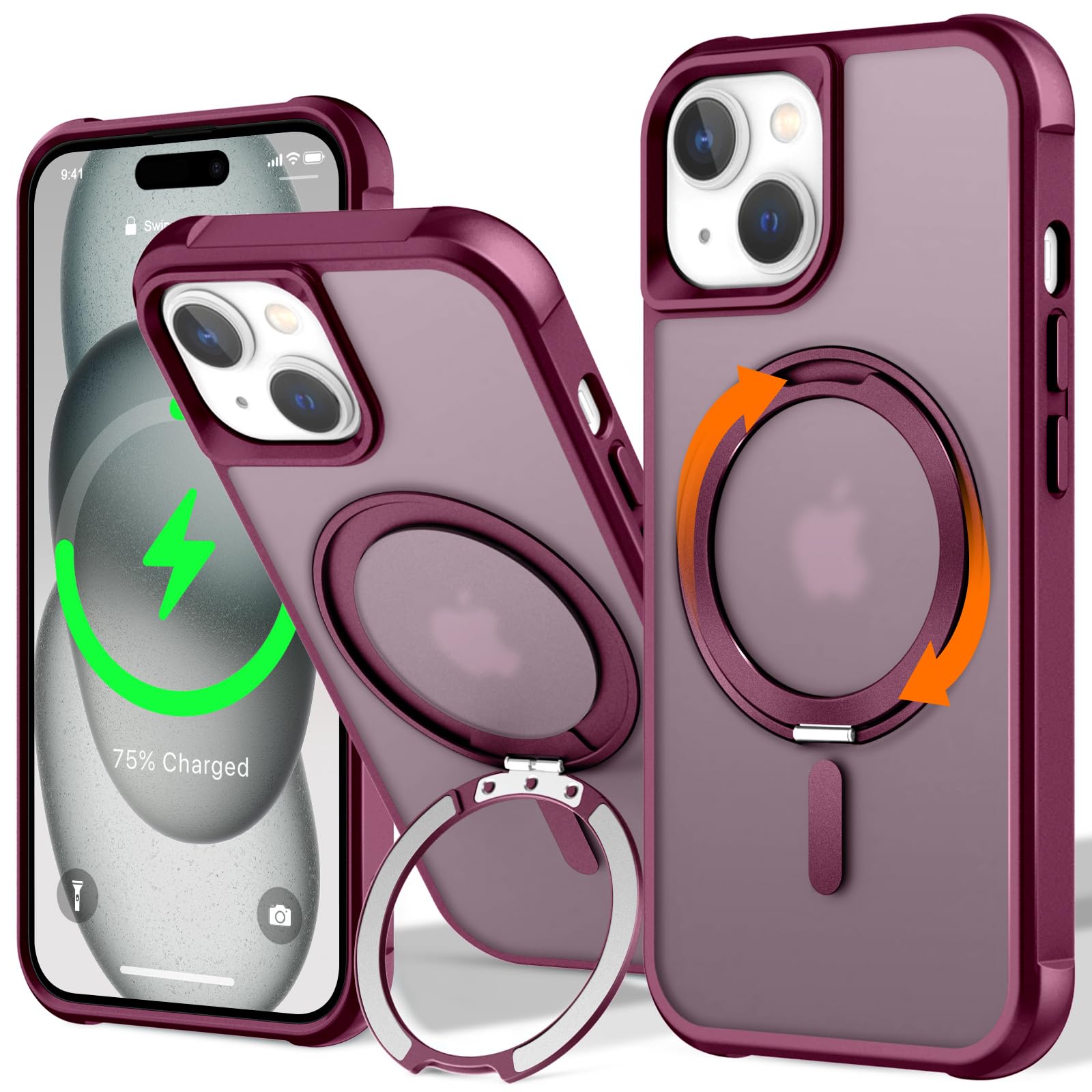 UMIONE 360 Rotatable Magnetic Ring Design for iPhone 15 Plus, Built-in Invisible Loop Stand, Compatible with Magsafe, Translucen