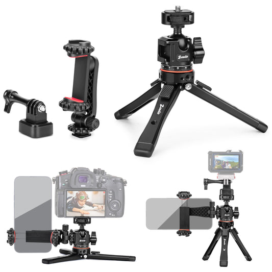 Zeadio Metal Camera Mini Tripod, with 1/4 Screw Ball Head Mount, Adjustable Heights Desktop Vlog Stand for Smooth 4 Osmo Mobile