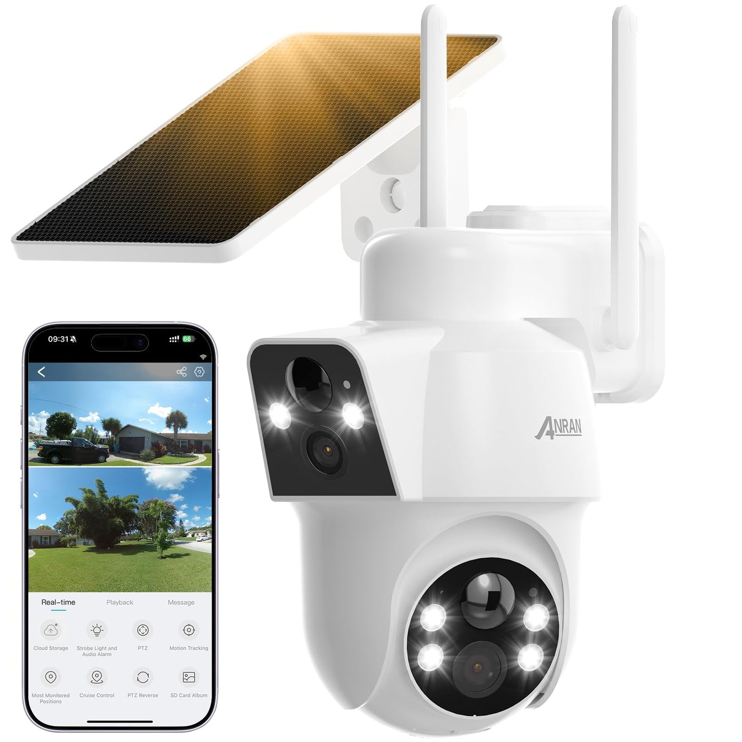 ANRAN Dual-Lens Solar Security Camera, 3MP Wireless Outdoor Camera for Home Security, 100% Wire-Free with Solar Panel, Color Nig