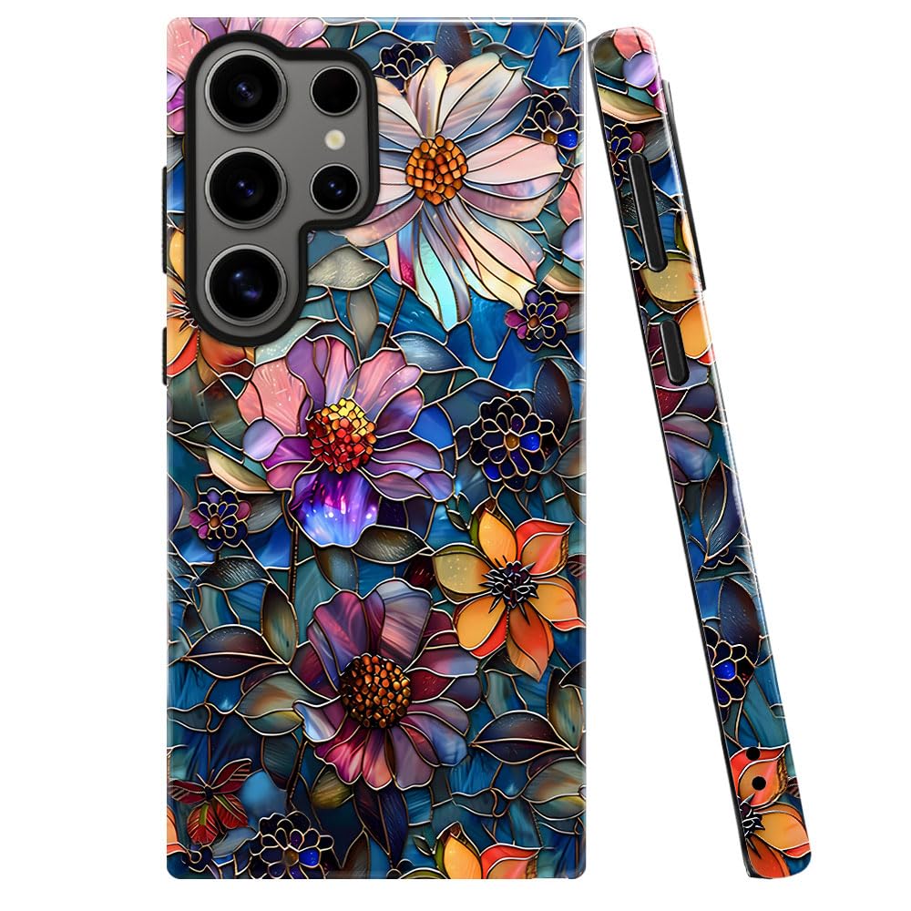 TnXee Case for Samsung Galaxy S23 Ultra,Colorful Floral Flower Art Phone Case Drop Resistant Glossy 2 in 1 Solid Dual-Layer Cove