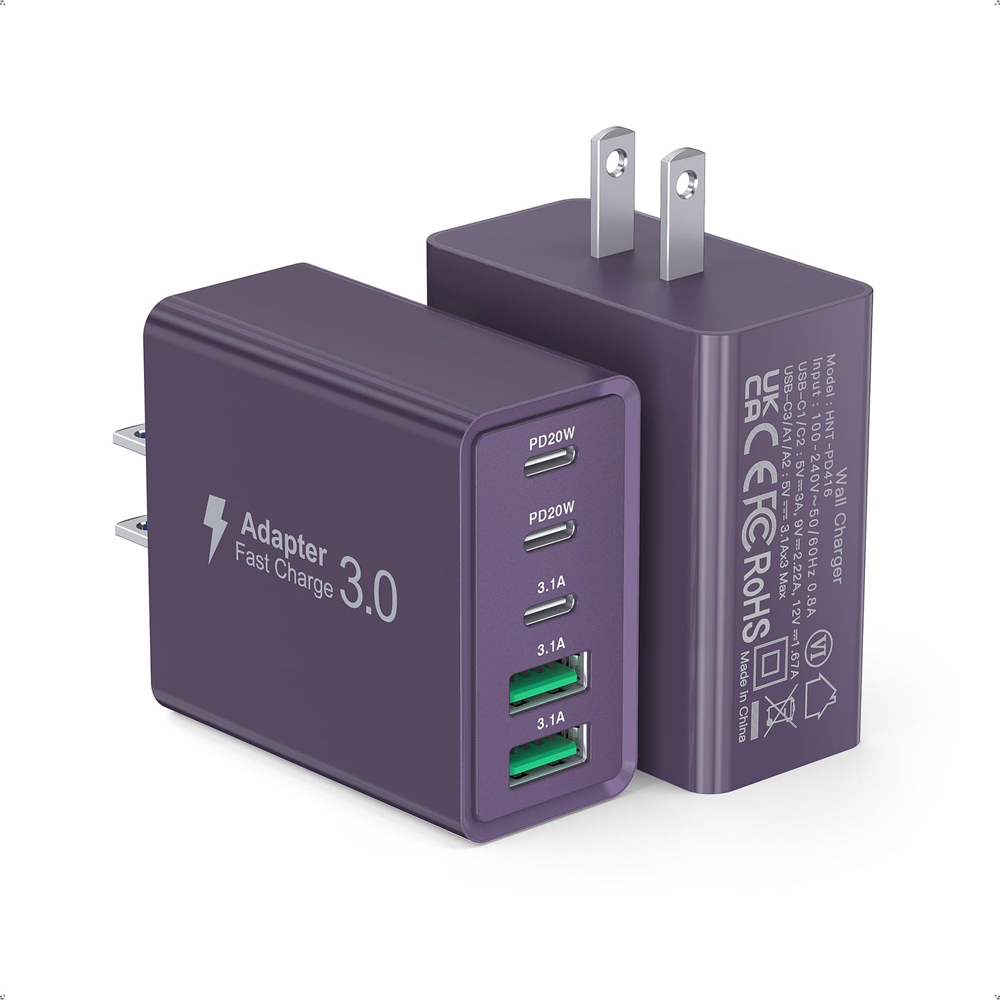 [2Pack] 60W USB C Plug,5-Port Fast Charger Block PD+QC Cube Wall Charging Box Brick for iPhone 17/16/15/14/13 for Samsung Galaxy