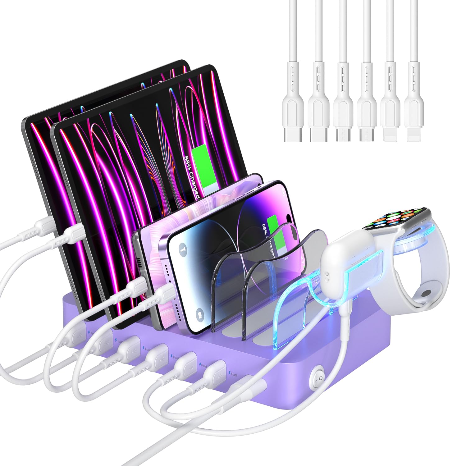SooPii Premium 6-Port USB Charging Station Organizer for Multiple Devices, 6 Short Charging Cables and One Upgraded i-Watch Char