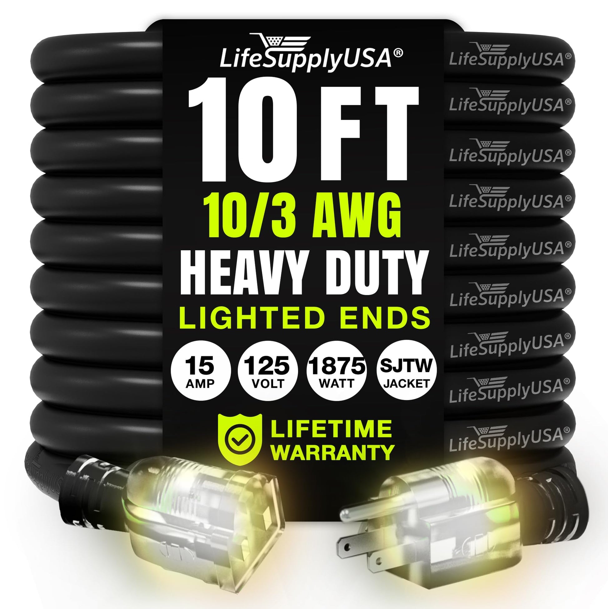 10ft Outdoor/Indoor Extension Cord 10/3 Gauge Ultra Heavy Duty 3 Prong SJTW, Waterproof, Flexible Cold-Resistant Long Power Cord