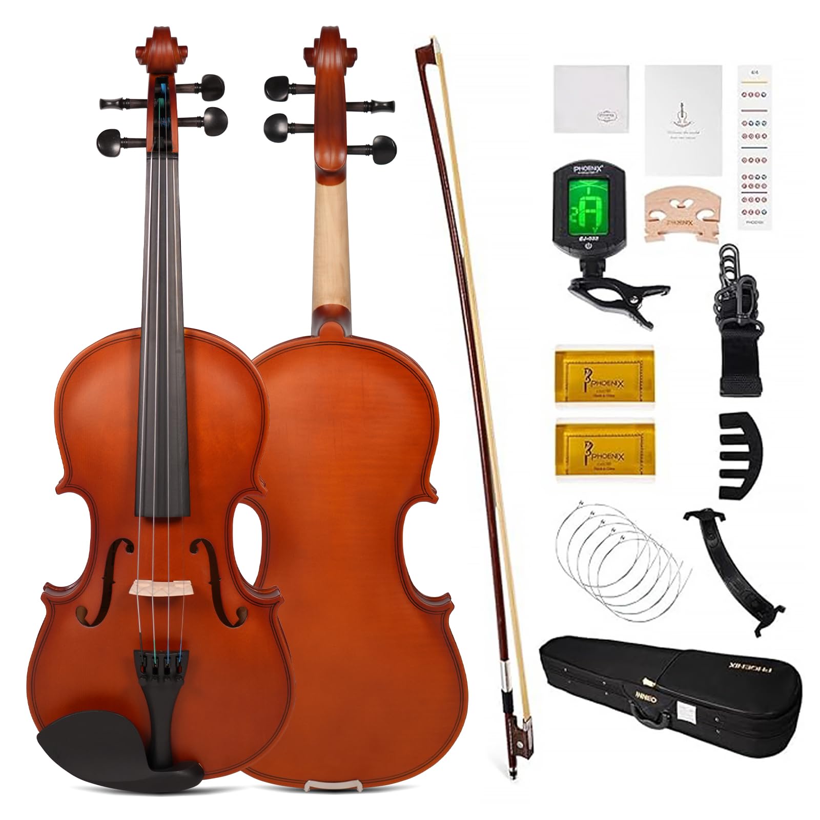 PHOENIX Violin 4/4 Full Size Kit, Violin Fiddle Set for Beginner Adults Student with Rosewood Bow Extra Strings & Bridge (826mat