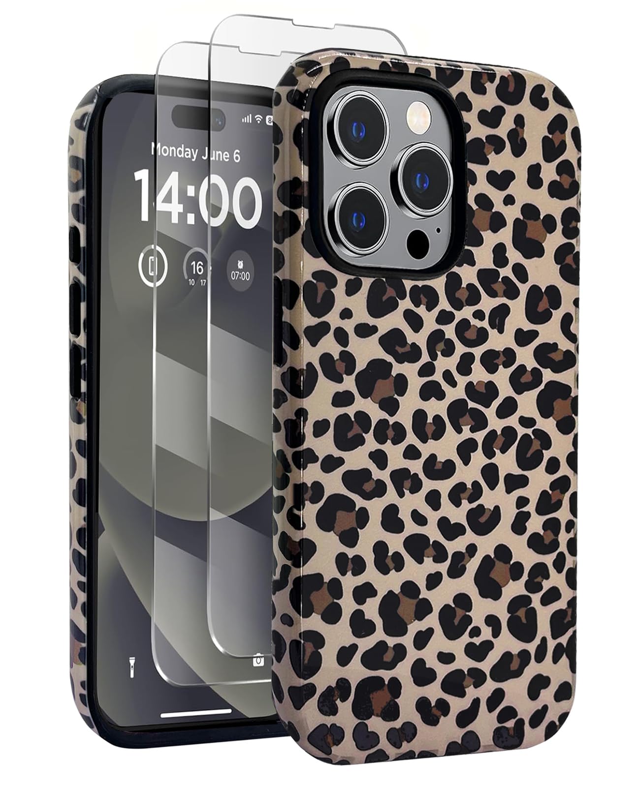 J.west Compatible with iPhone 15 Pro Max Case 6.7 inch with 2 Pack Tempered Glass Screen Protectors Cute Animal Leopard Hybrid C