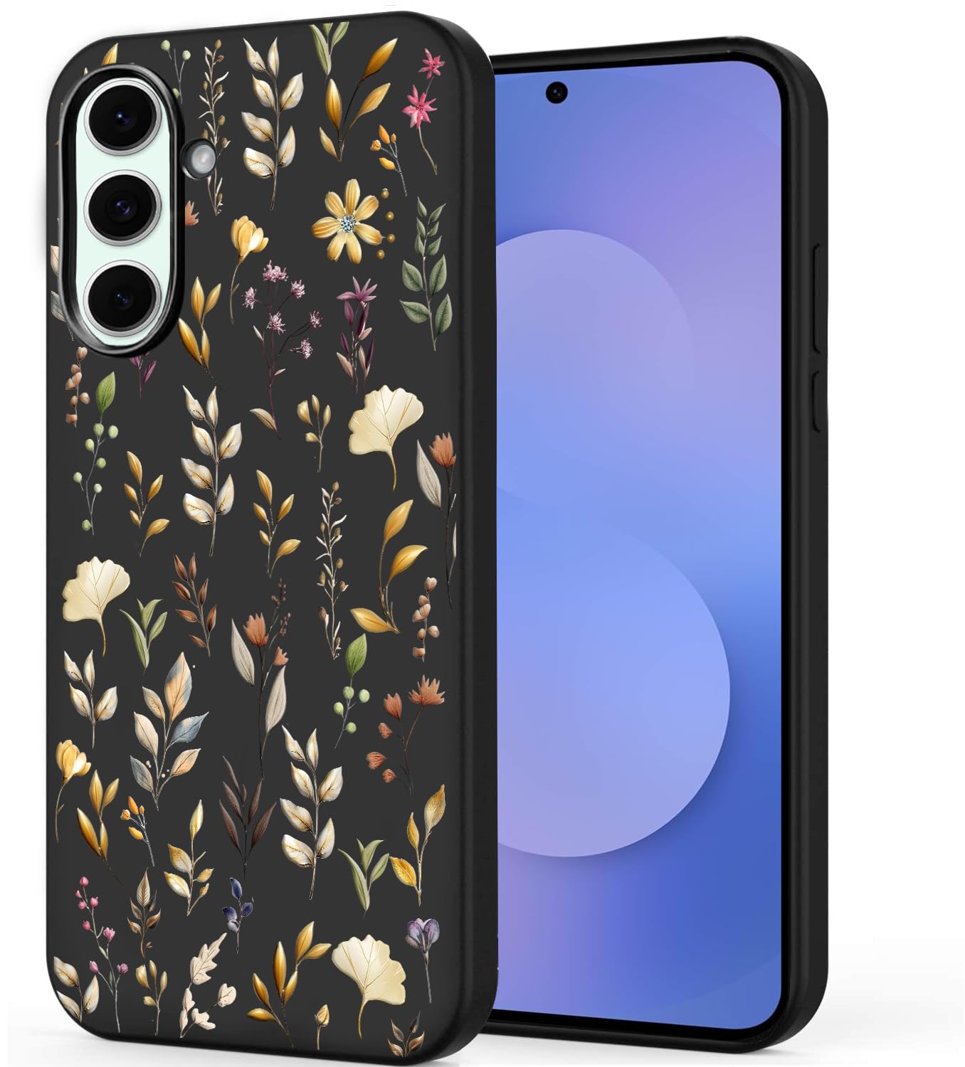 Unov Case Compatible with Galaxy S25 FE 5G with Golden Floral Bouquet Flower Girly Embossed Pattern Design Slim Protective Soft