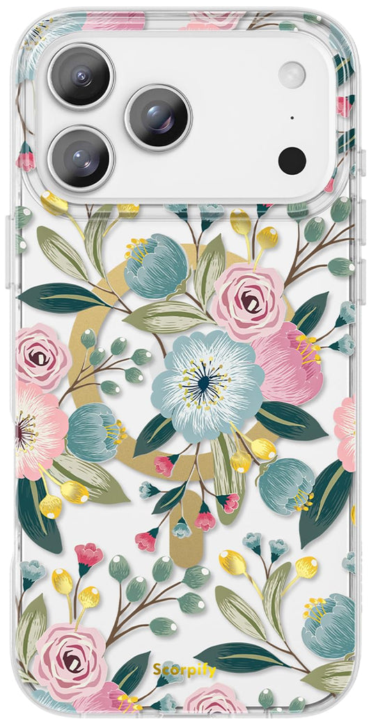 SCORPIFY for iPhone 17 Pro Case [Compatible with MagSafe] with Hibiscus Floral Design, Cute Clear Flower Magnetic Phone Cover fo