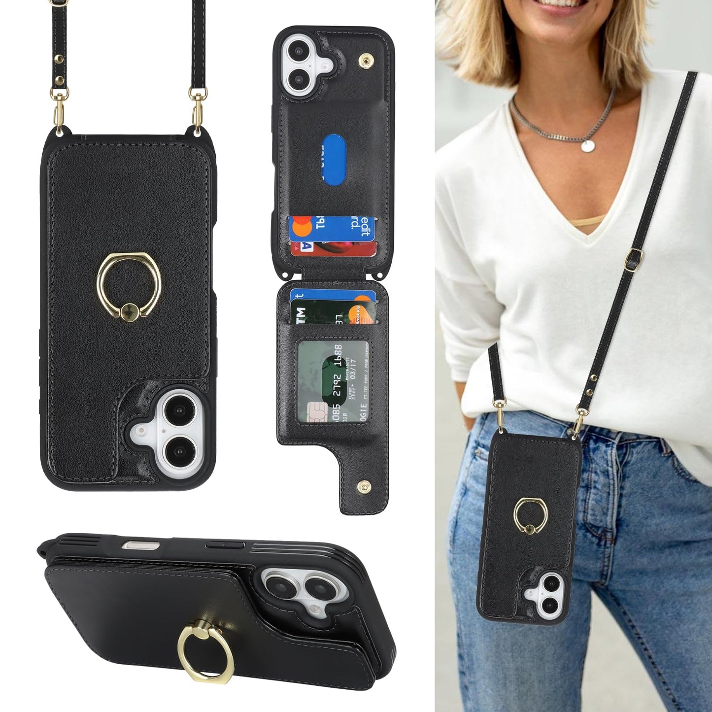 Lipvina for iPhone 17 Case with Card Holder and Strap for Women,Crossbody Lanyard,Ring Stand,Snap Clasp,Cute Phone Wallet Cases