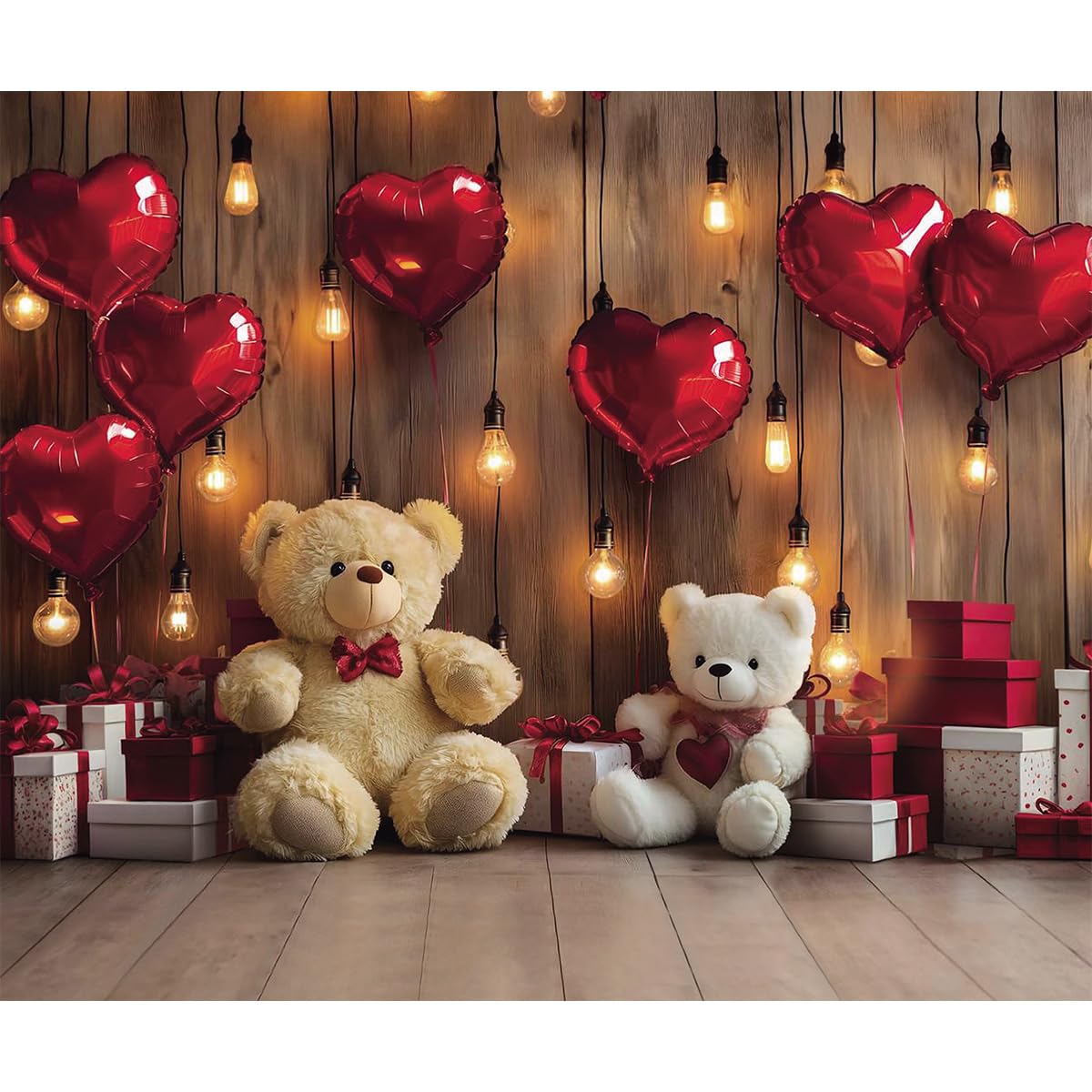 Lsseauto 10x8ft Happy Valentines Backdrop, Red Heart Balloon, Cute Teddy Bears and Gift Piles Backdrop, Valentines Day Theme Pho