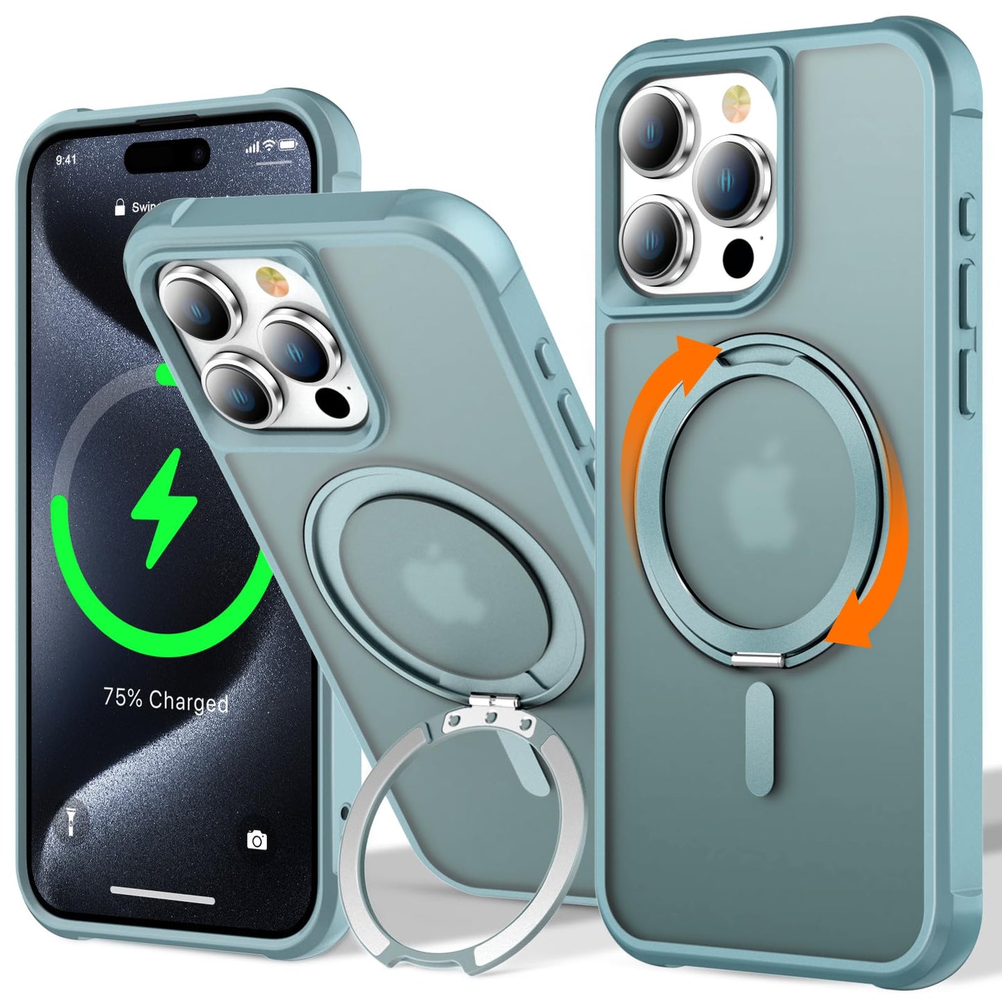 UMIONE 360 Rotatable Magnetic Ring Design for iPhone 15 Pro, Built-in Invisible Loop Stand, Compatible with Magsafe, Translucent