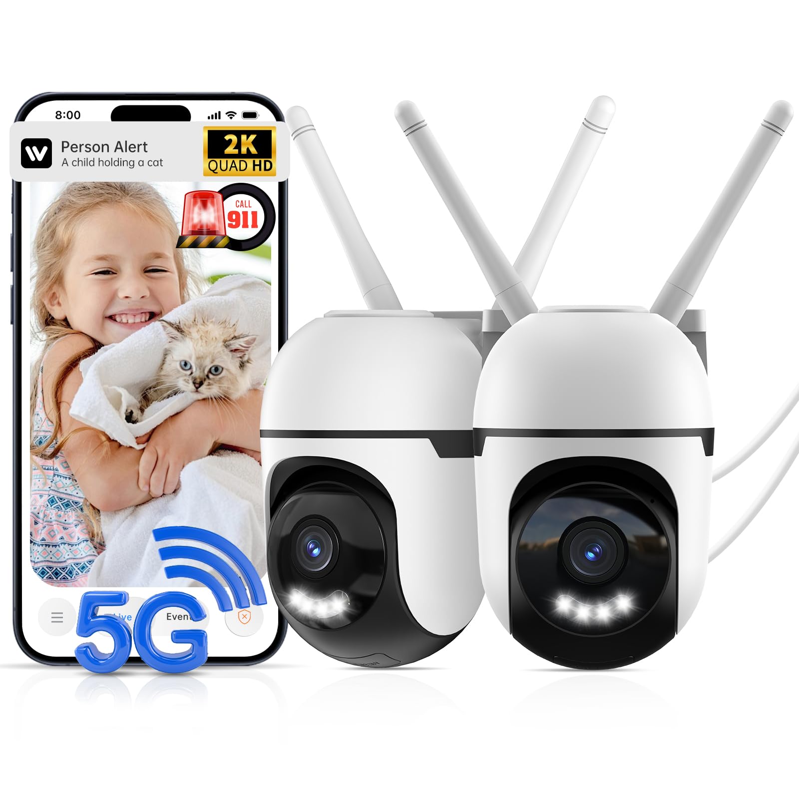 Seeborder Smart Wired Security Camera Outdoor,5G&2.4G WiFi Cameras for Home Security,2K&360 PTZ Camera,911 Call for AI,IP66 Wate