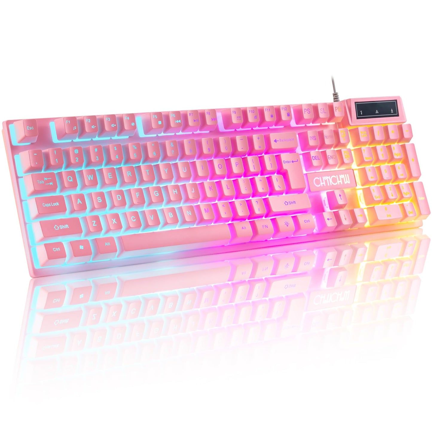 Light Up Cute Pink Gaming Keyboard, 104 Keys Full Size, Number Pad, 19 Keys Anti-Ghosting, Multimedia Function Keys, 3 Colors LE