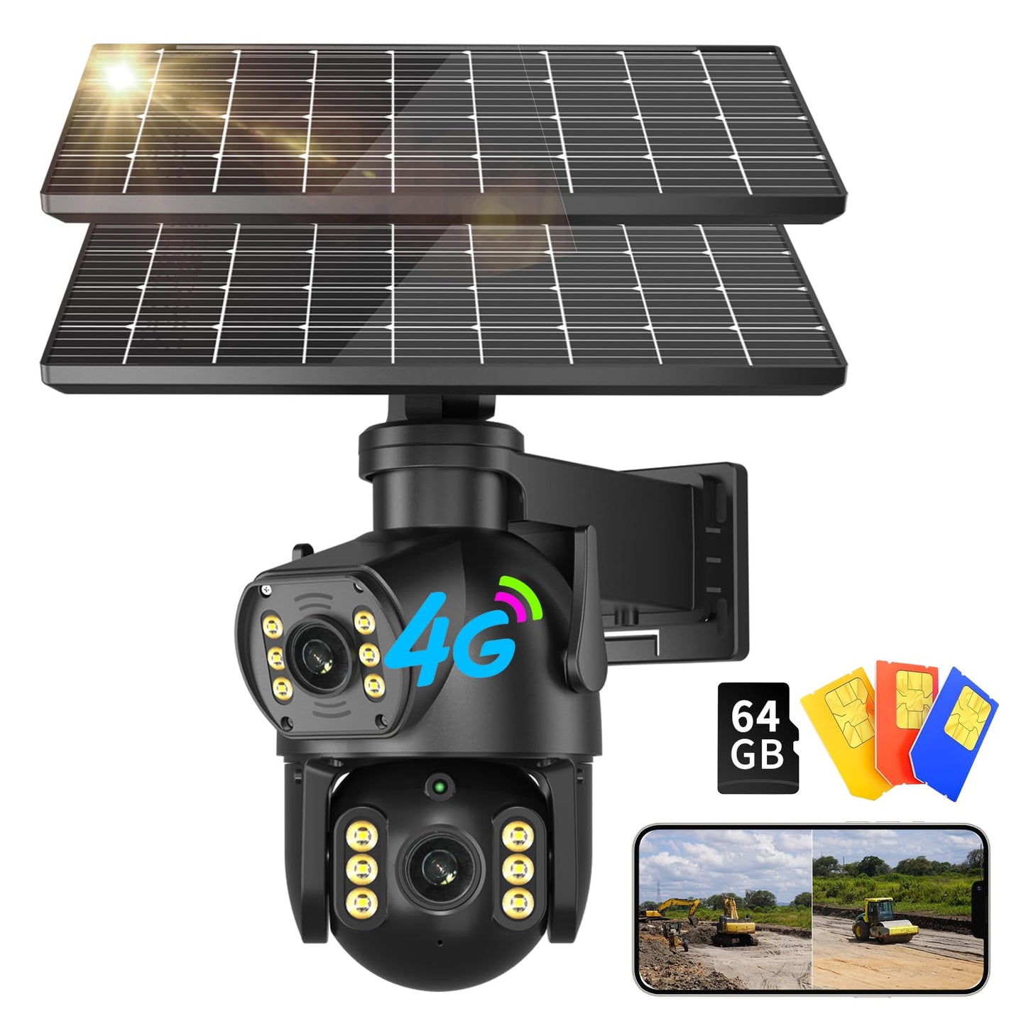 Neye 4G LTE Solar Security Camera 4K with Dual Lens Color Night Vision, Rotating Head, and Two Solar Panels,12000mah Battery,PIR