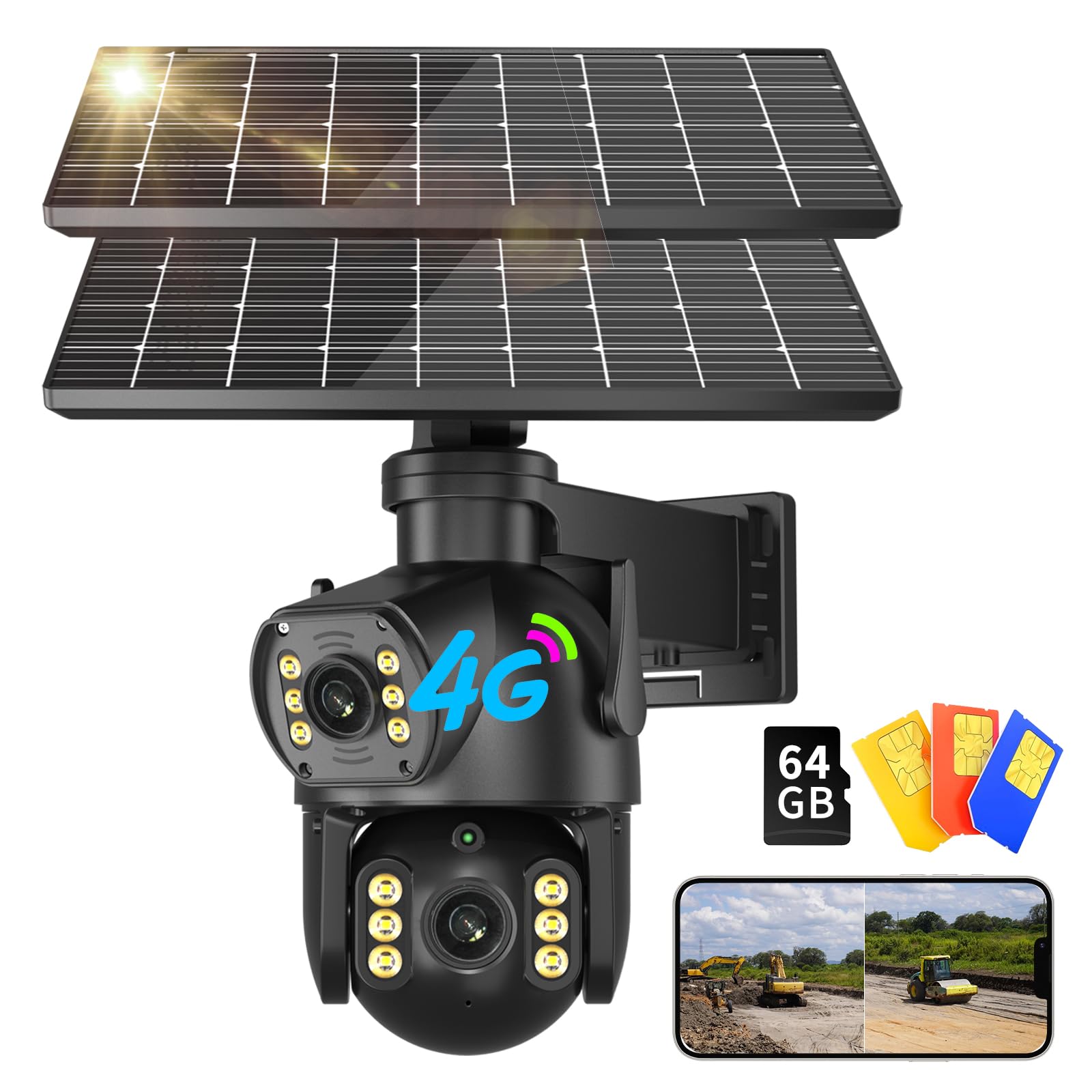 Neye 4G LTE Solar Security Camera 4K with Dual Lens Color Night Vision, Rotating Head, and Two Solar Panels,12000mah Battery,PIR