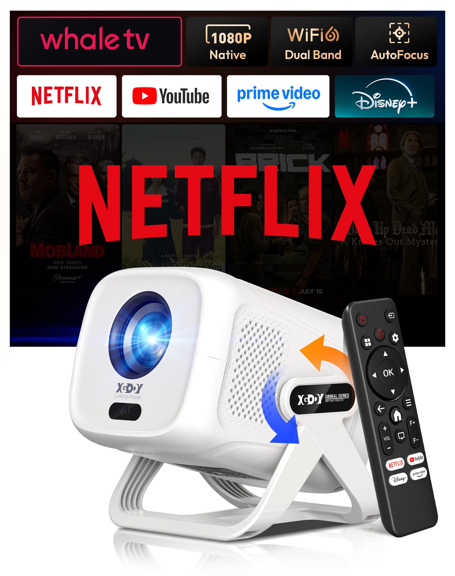 Xgody Gimbal N5 Compatible with Netflix & Auto Focus Keystone Smart Mini Projector with WiFi6 and Bluetooth, Portable Projector