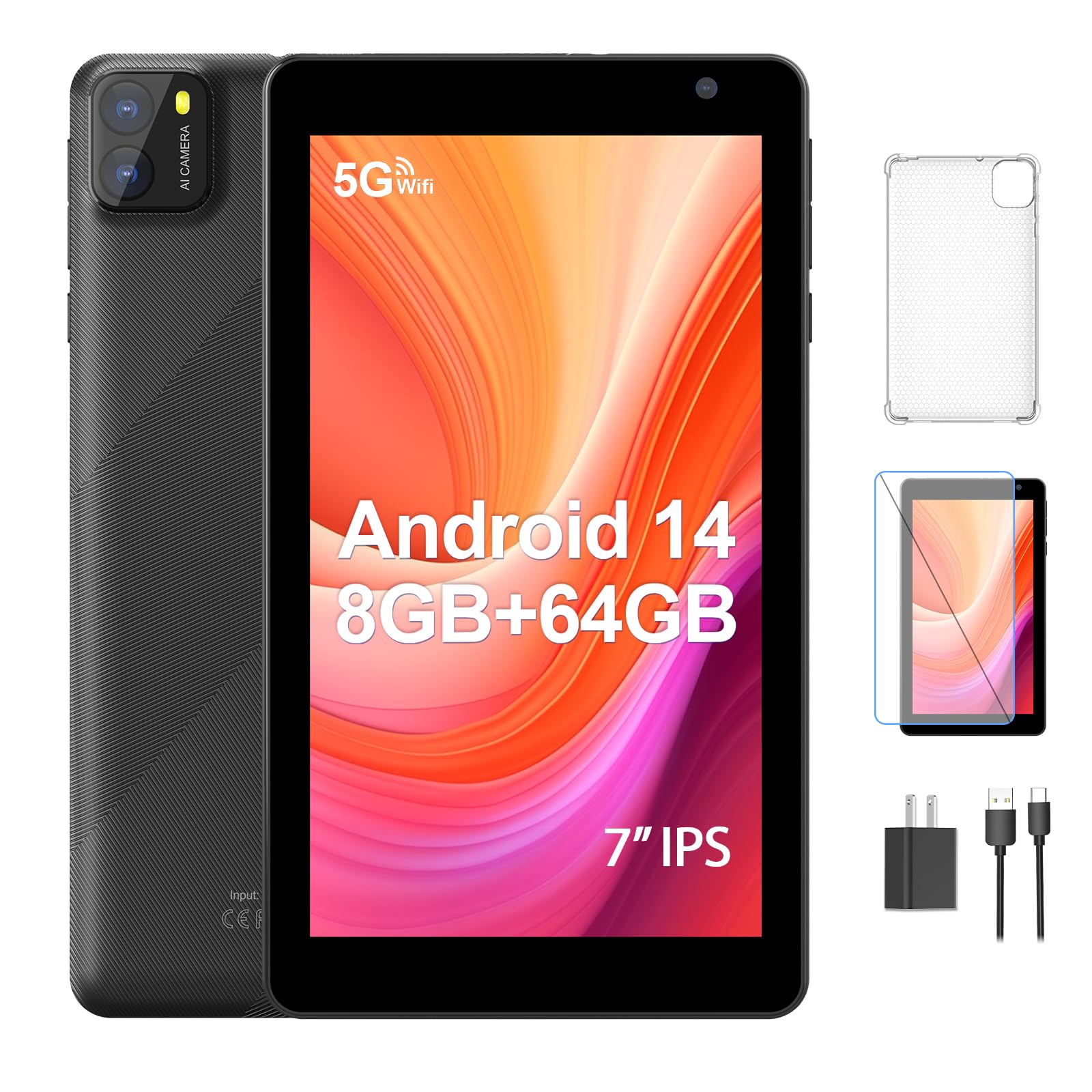 PUTECCH Android Tablet 7 inch Android 14 Tablets, 8GB RAM 64GB ROM 1TB Expand, Octa-Core Processor, 5G Wi-Fi 6, 2MP+8MP Dual Cam