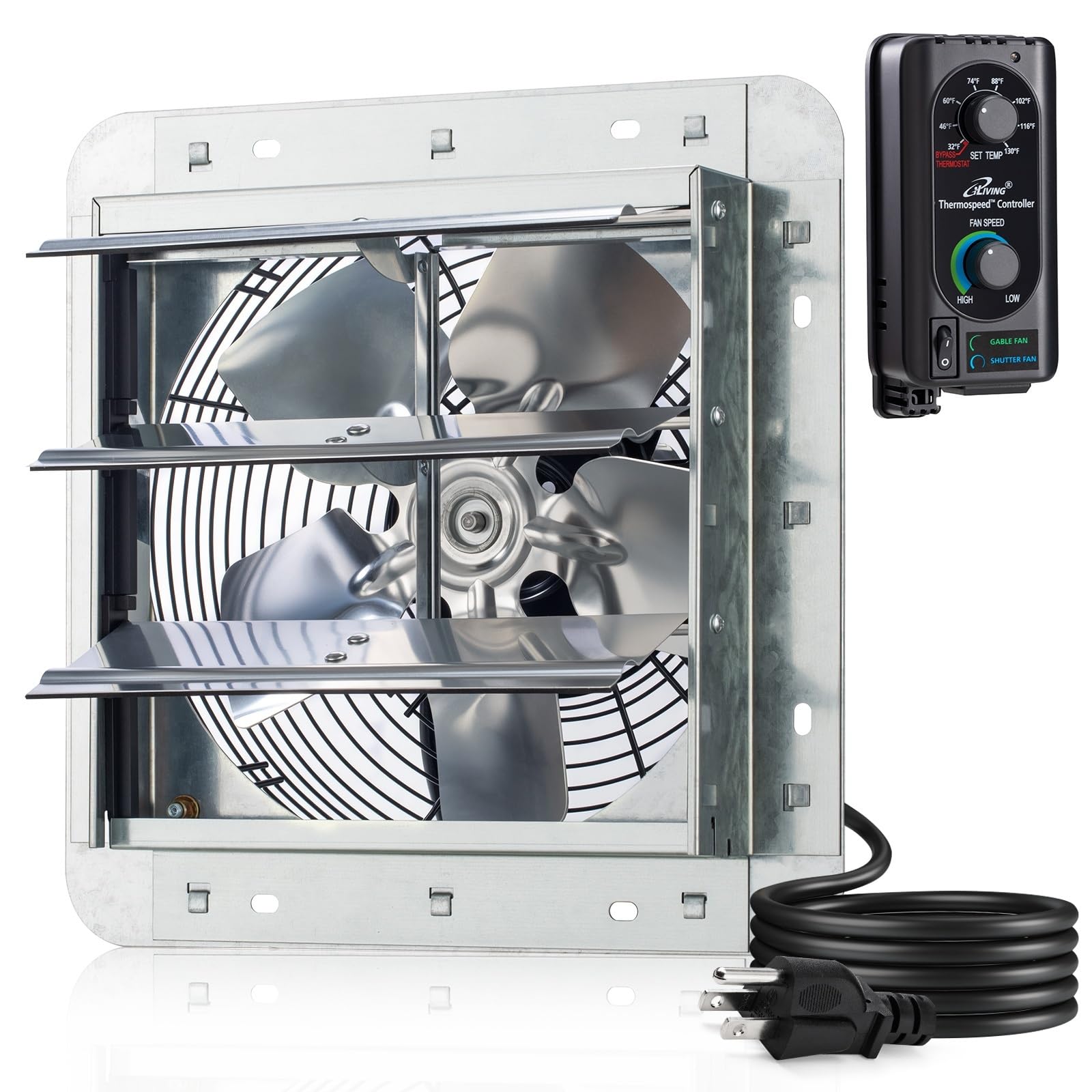 iLiving 10 Wall Mounted Shutter Exhaust Fan, Automatic Shutter, with Thermostat and Variable Speed controller, 65W, 820 CFM, 120