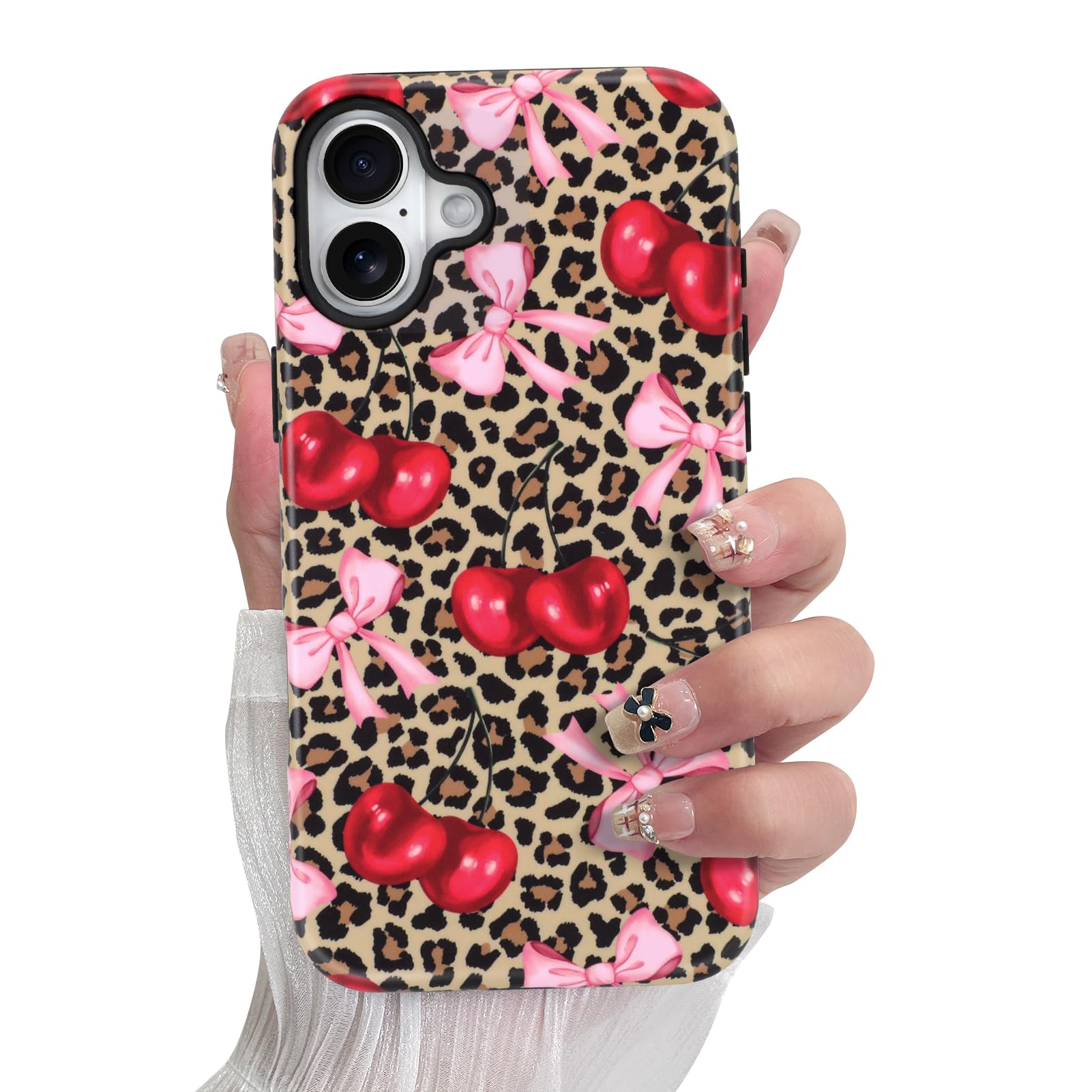 SOKAD Magnetic Cherry Bow Phone Case for iPhone 16 Plus, Cute Cherry Pink Bow Vintage Leopard Pattern Compatible with Magsafe Ma