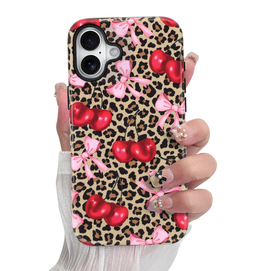 SOKAD Magnetic Cherry Bow Phone Case for iPhone 16 Plus, Cute Cherry Pink Bow Vintage Leopard Pattern Compatible with Magsafe Ma