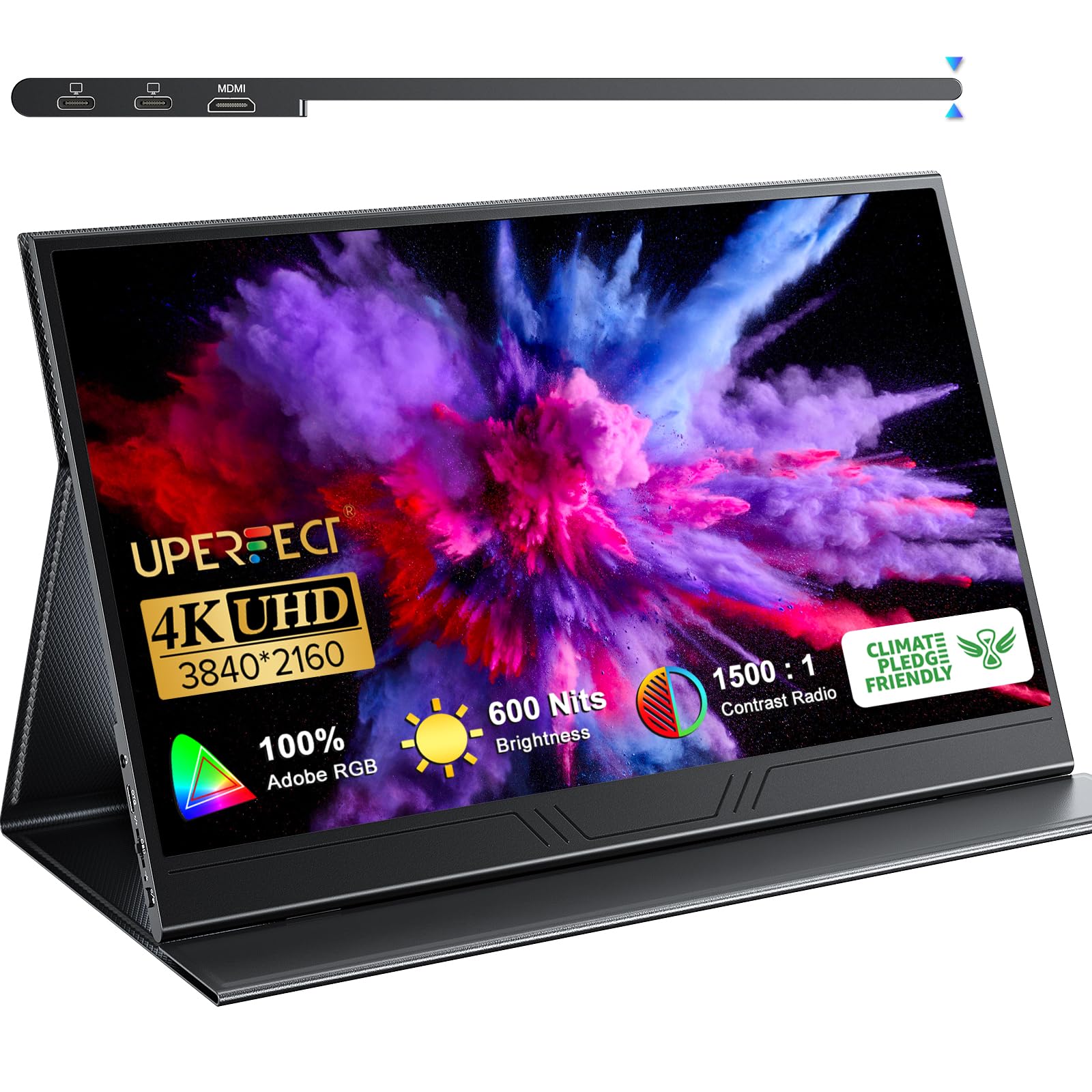 UPERFECT True 4K Portable Monitor, 15.6    600 Nits Laptop Monitor, 100% AdobeRGB, UHD 3840x2160 USB-C & HDMI w/Smart Case, HDR